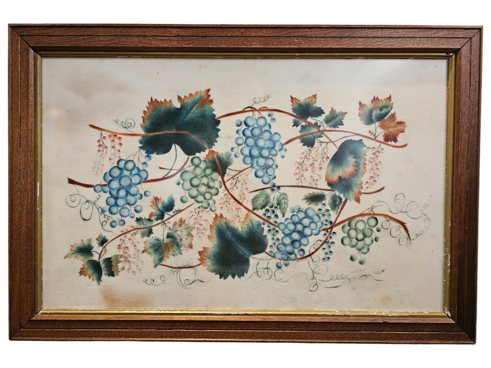 Antique Folk Art Theorem Painting in Frame: Theorem painting is signed faintly underneath one of the vines, appears to read "R.B. Fran" however we cannot fully make out the name. Framed in a period style wooden frame, the theorem appears to be 