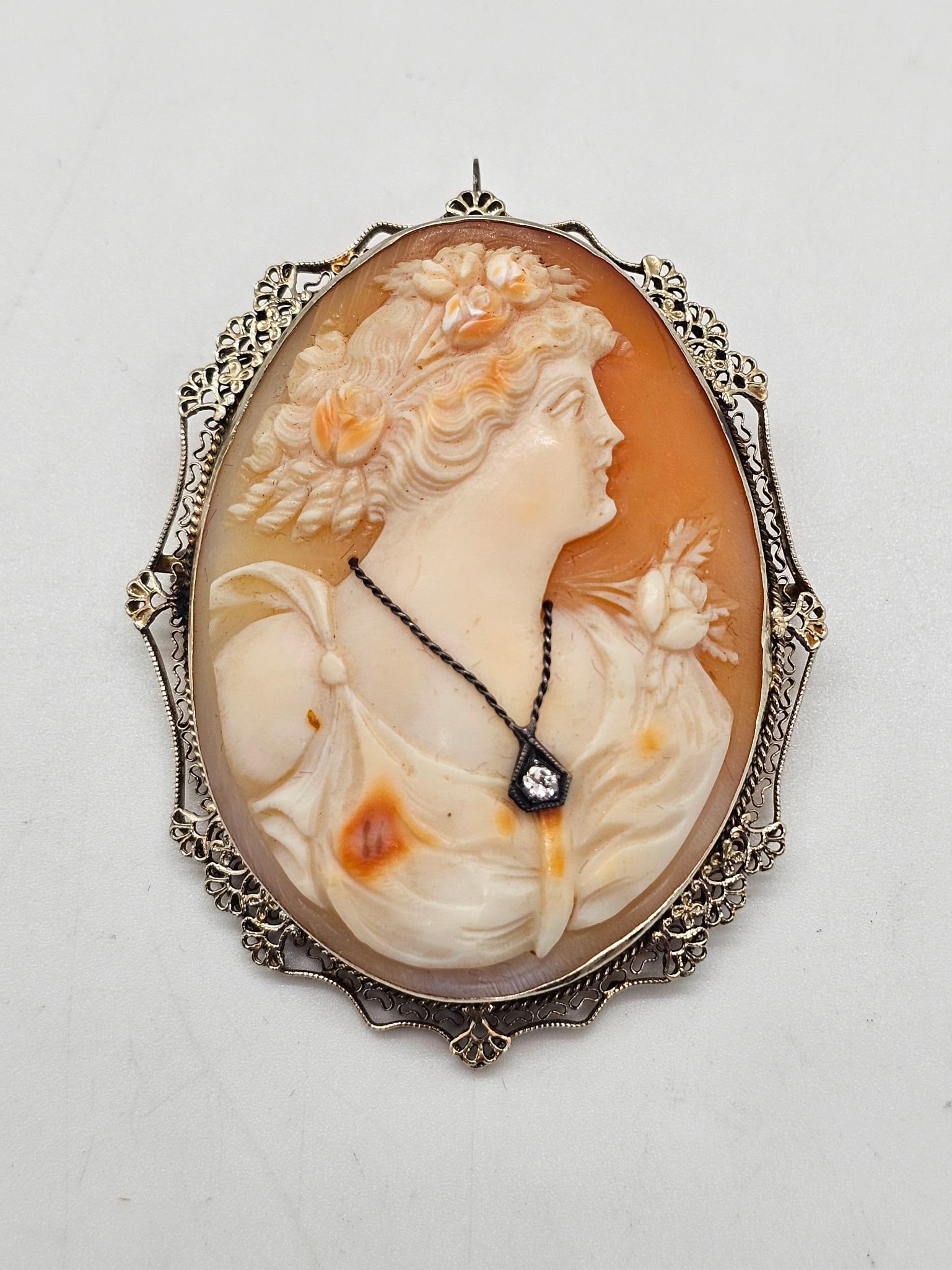 Antique 14k Gold & Diamond Cameo Broach (1 of 13)