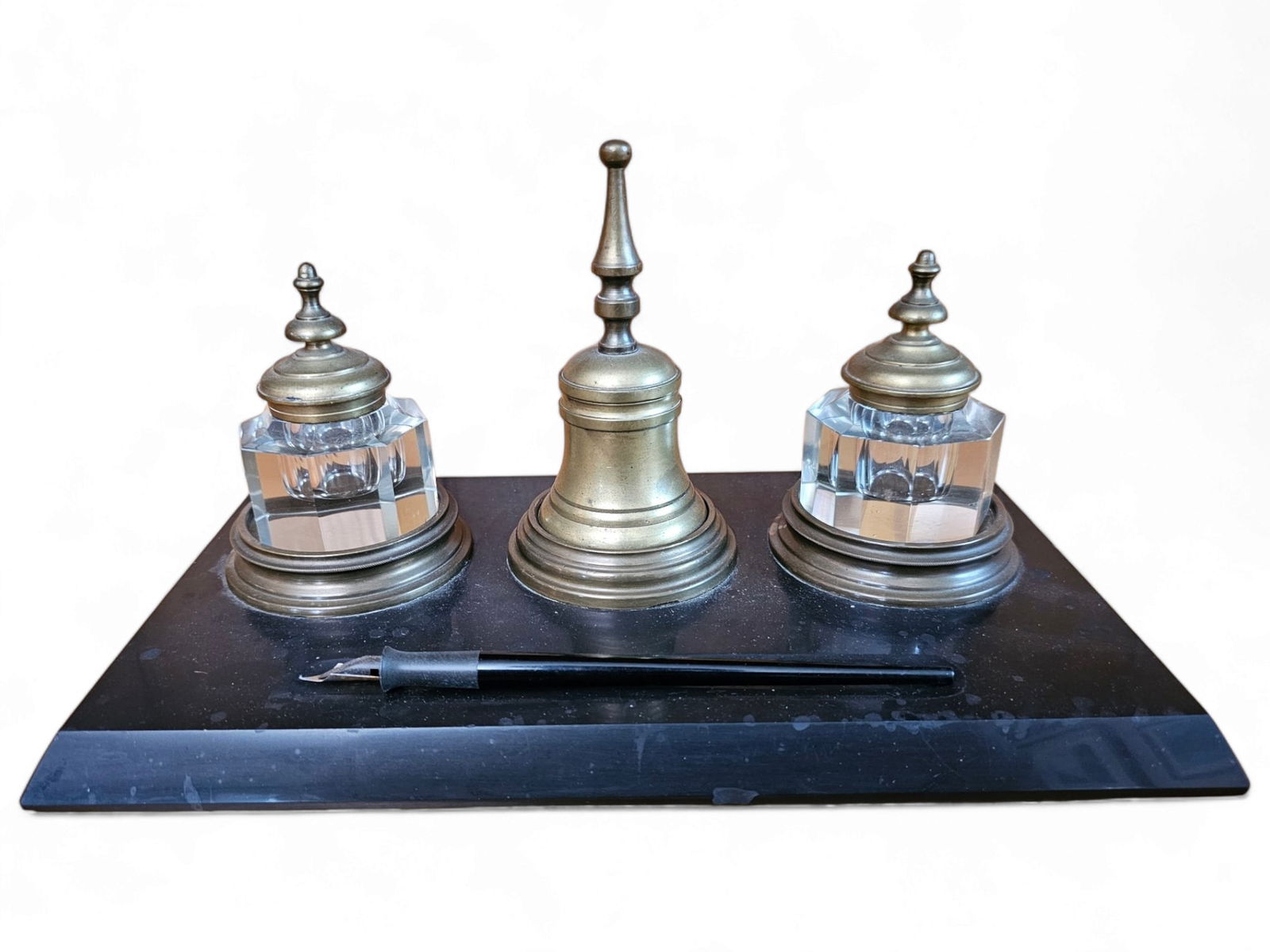 19th Century Inkwell & Bell Set on Slate Base (1 of 12)