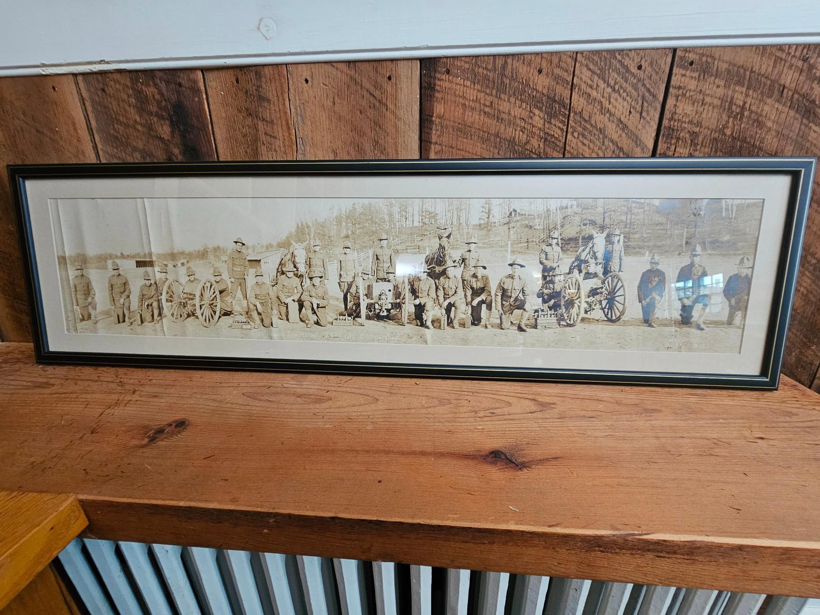 WWI One Pounder Gun Platoon 75th Inf Yard Long: This lot includes a framed WWI yard long panoramic photograph of the "One Pounder Gun Platoon - 75th Infantry - Suicide Club. As marked on the bottom of the photograph, in fair antique condition with 