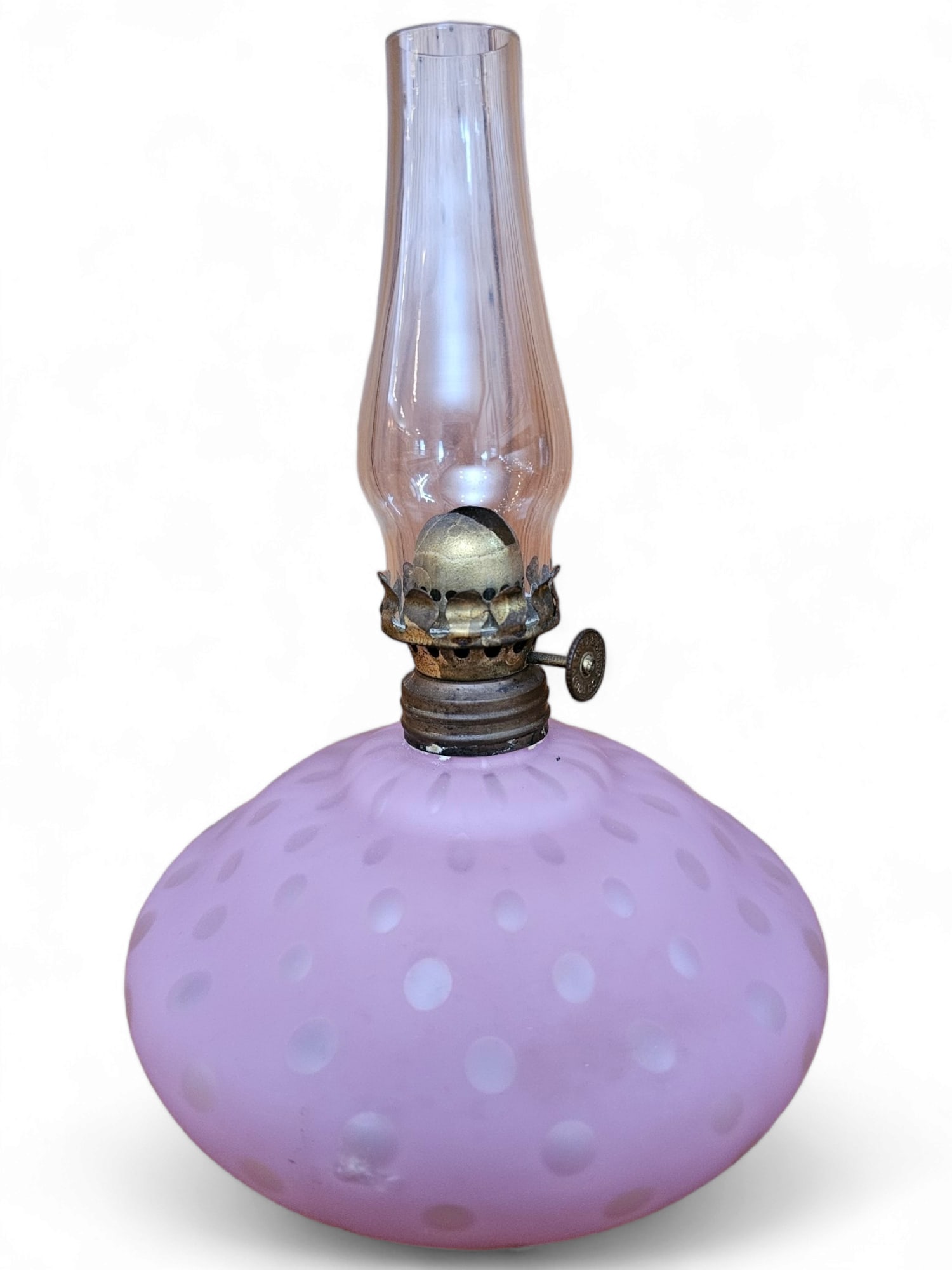 Antique Empress Raindrop Pink Satin Glass Oil Lamp: The lamp has a satin glass base with a trapped air raindrop design, the lamp is in good original condition without any notable damage. Measurements: 7"H Fee for Transport back to Oakville Gallery: $25