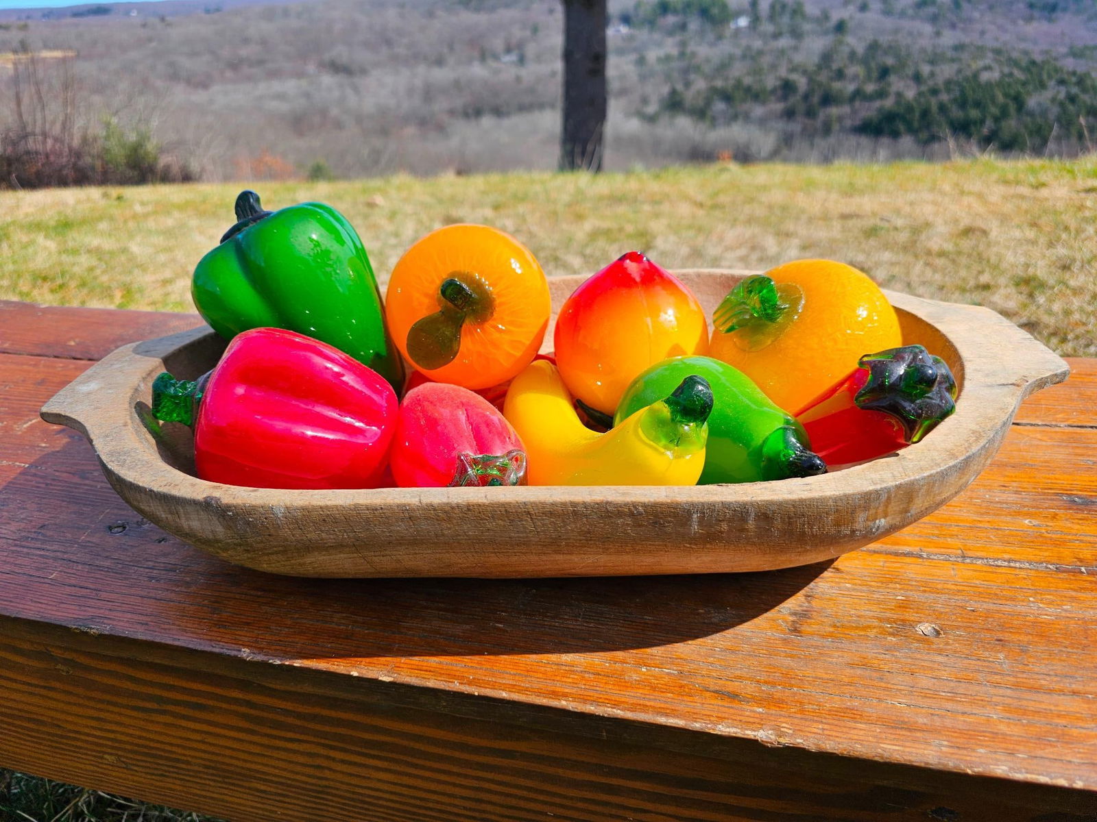 Antique Wood Dough Bowl w/ Glass Fruit (1 of 6)