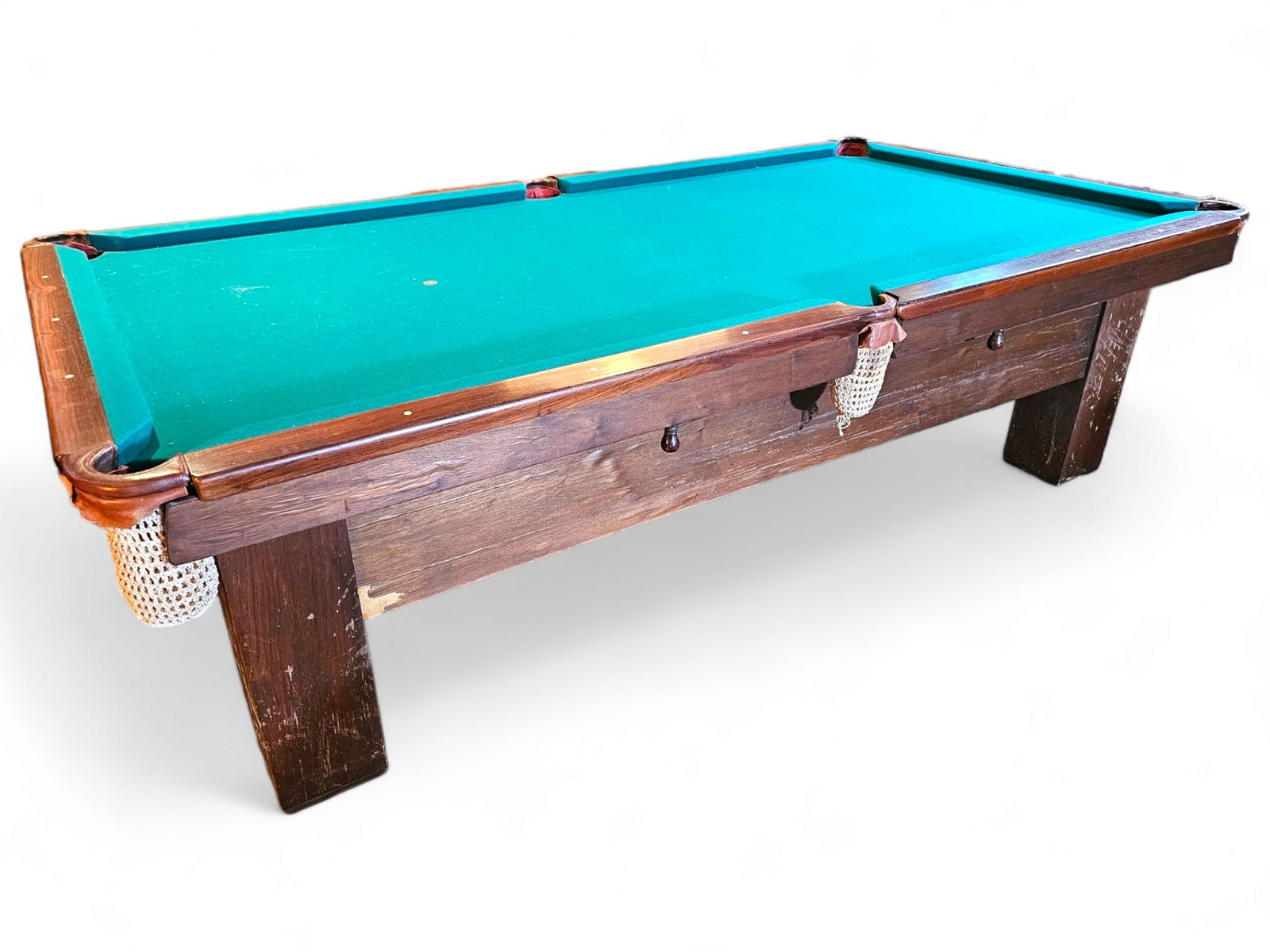 Antique Brunswick Balke Collender Co Pool Table: The pool table dates to the 20th century and is in good antique condition. The felt was replaced about 20 years ago, and is still in good usable condition. The bumpers are removable using a lever unde