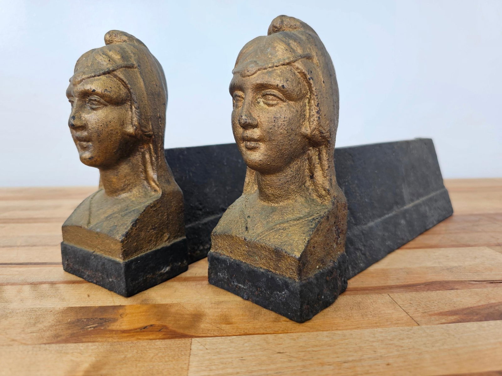 Early Cast Iron Firedogs / Andirons w/ Women's Bust (1 of 6)