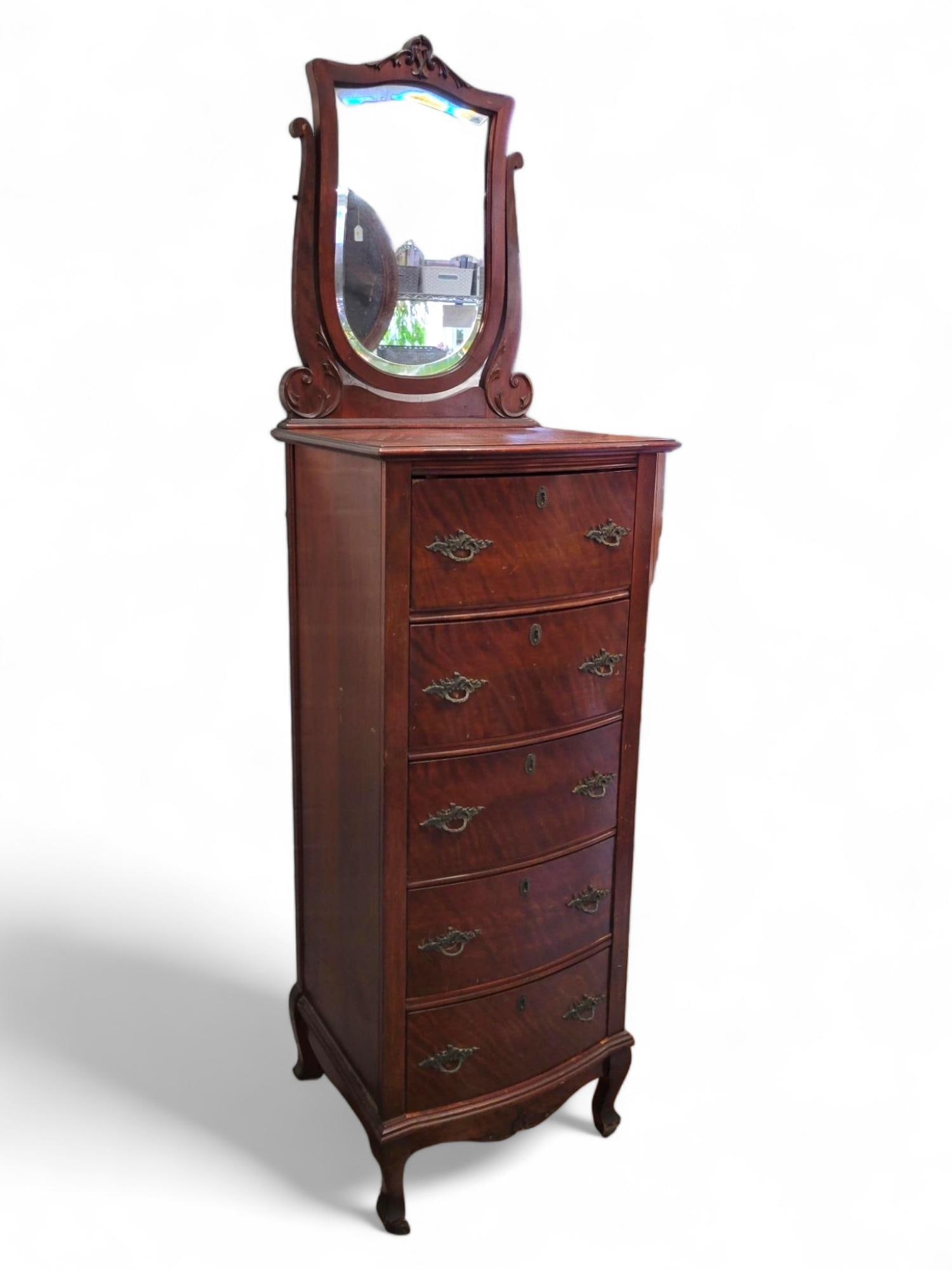 Antique Thin Mahogany 5 Drawer Dresser w/ Mirror (1 of 15)