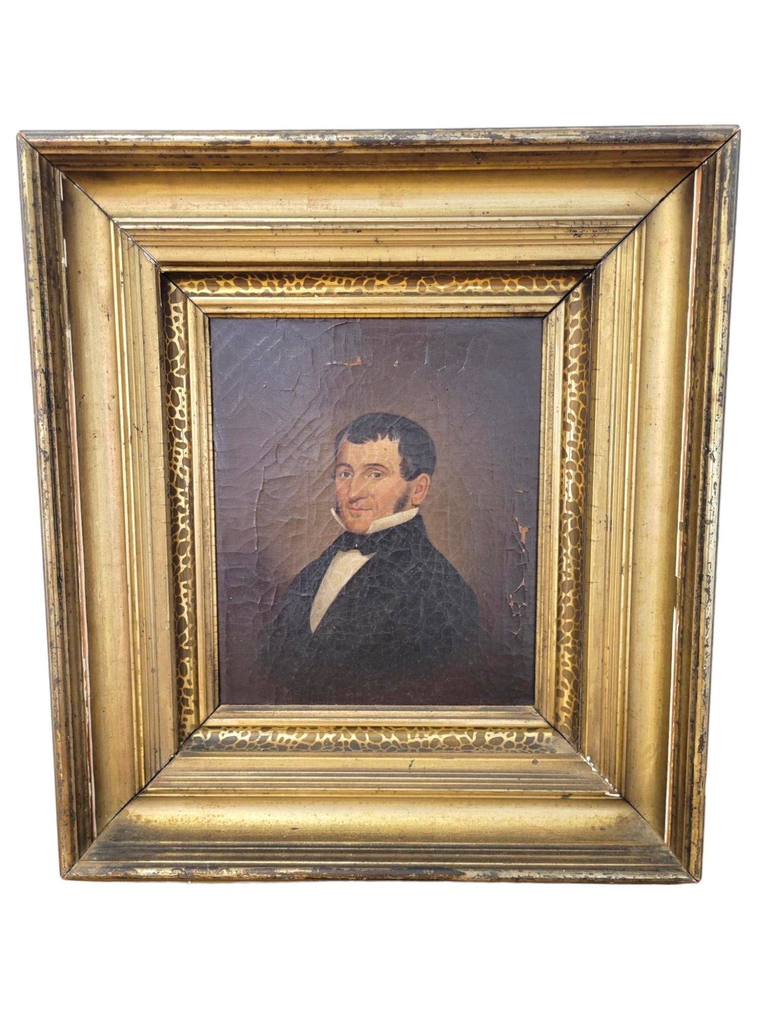 Early 19th C. Oil on Canvas Portrait of a Man: The portrait is unsigned but identified on the back to be of "William Flick" born in Germany 1784, and died in Philadelphia in 1851. He was the Clerk of the Court of Quarter Sessions in Philly. This i