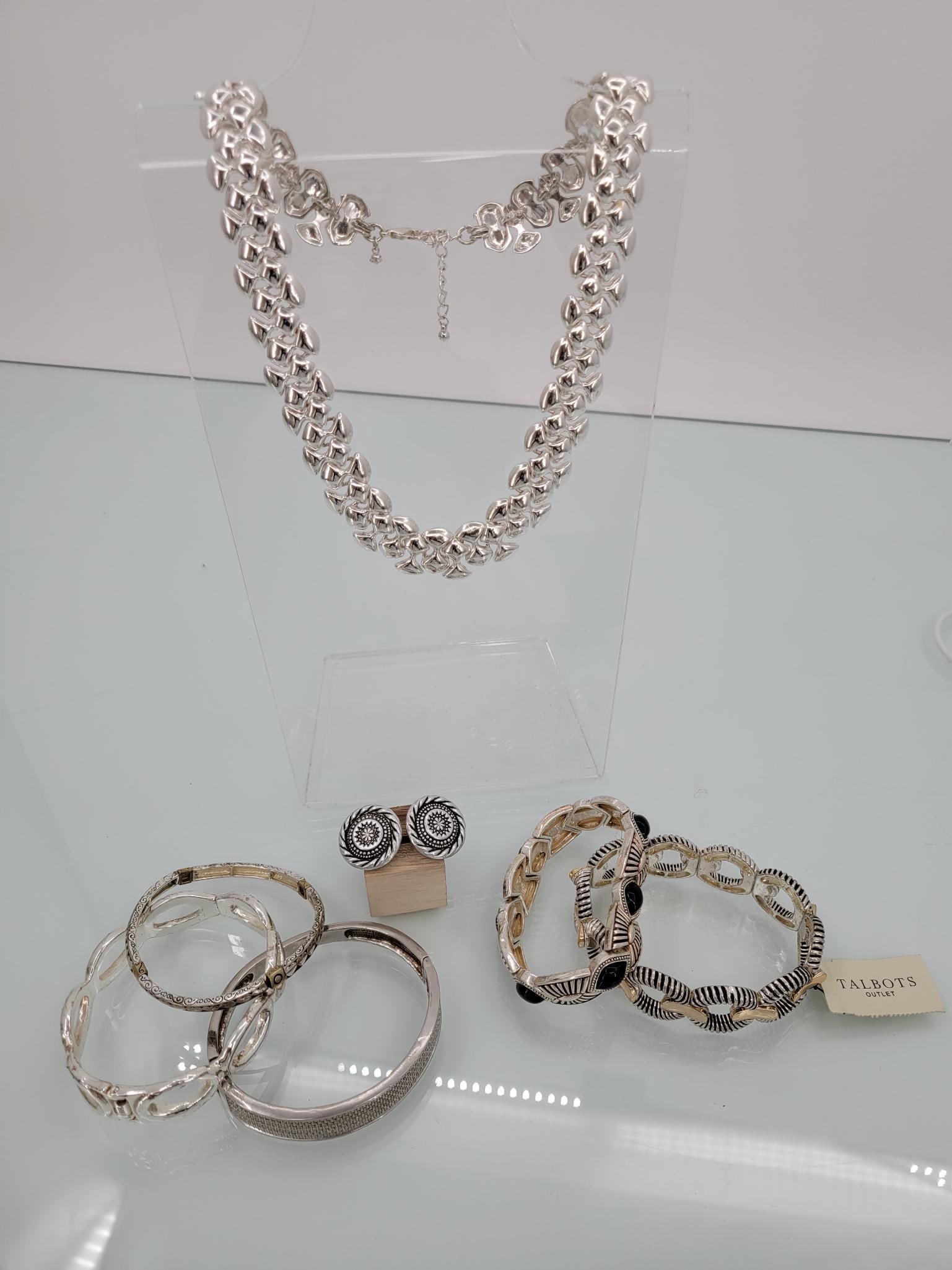 Talbots Silver Toned Jewelry: Description: Talbots lot including five bracelets, a pair of earrings and a necklace