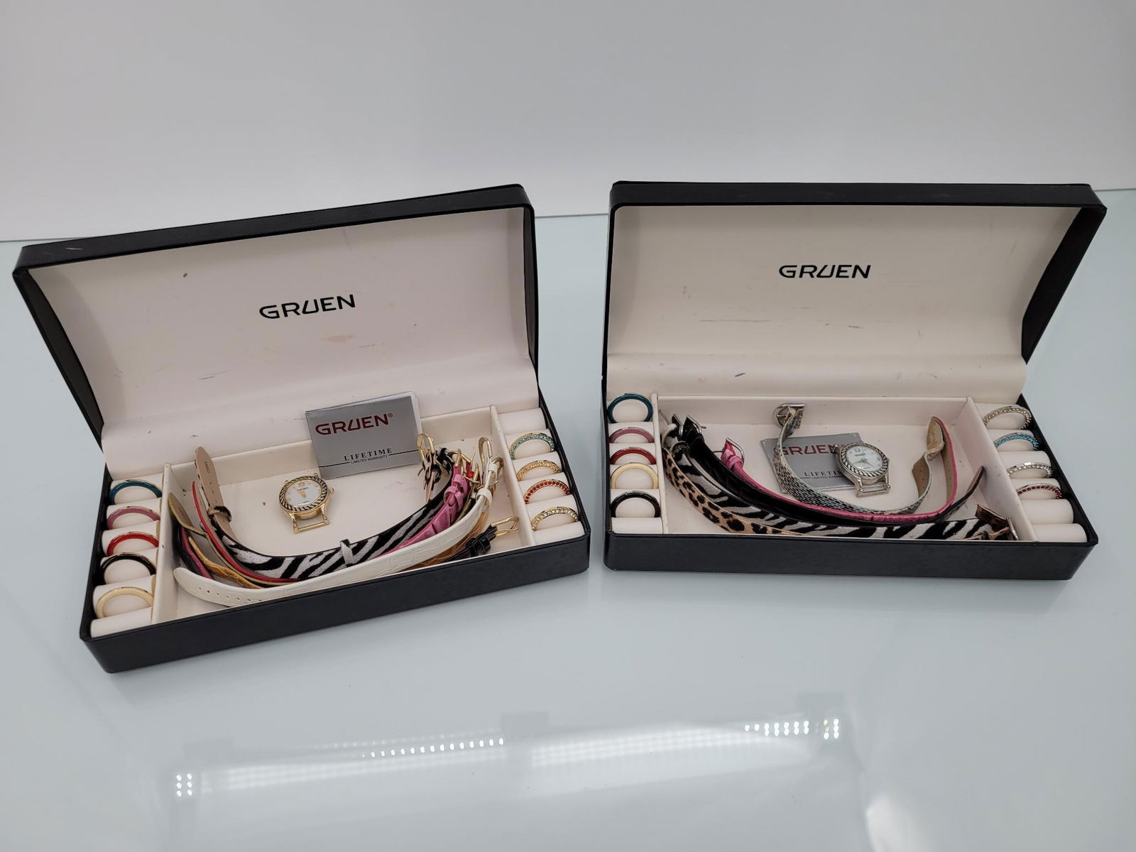 Pair Of Gruen Ladies Watches: Description: Two Gruen ladies watches with interchangeable watch bands and faces. In decent vintage condition, some bands and some faces missing (see photos)