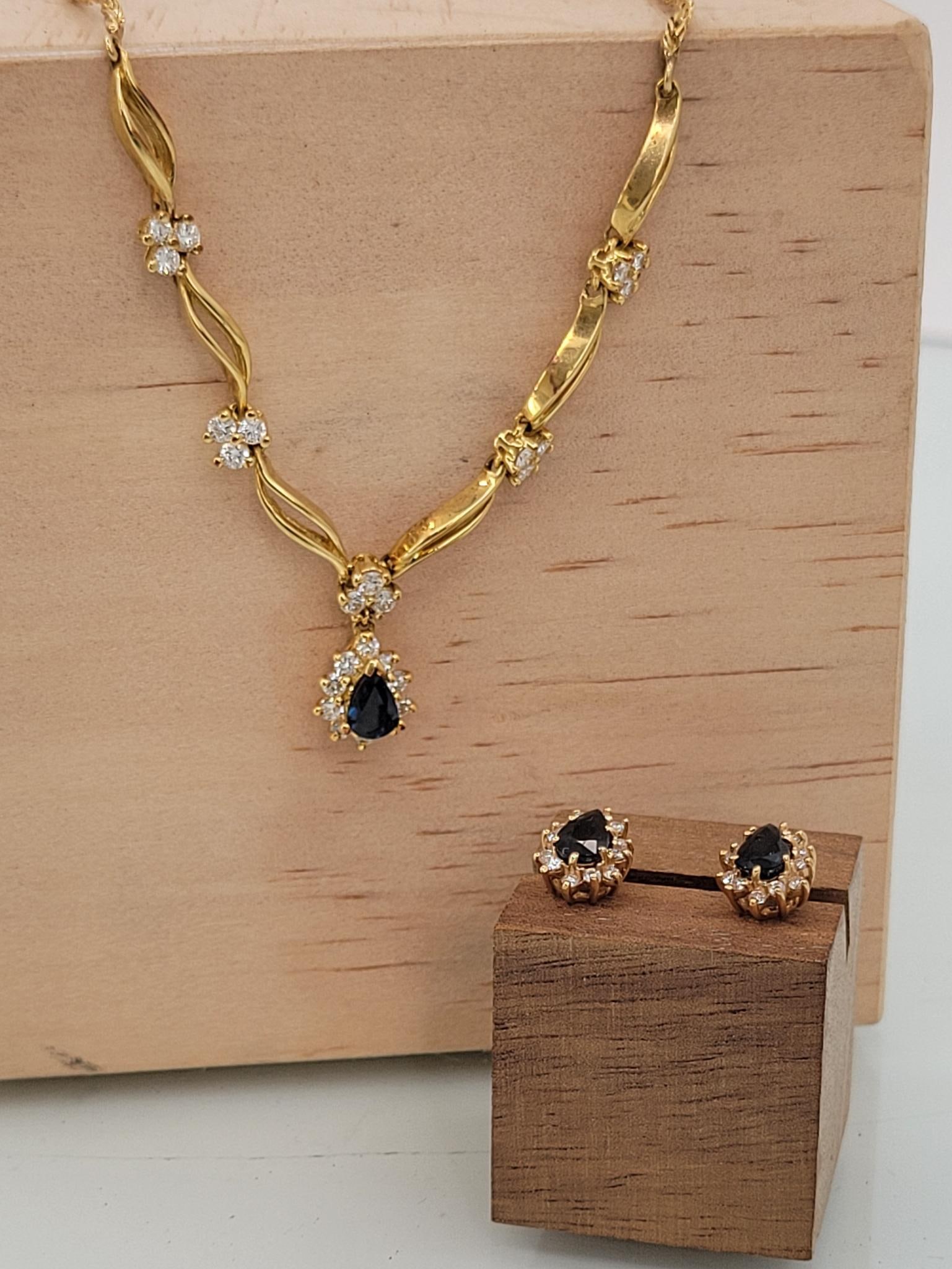 14k & 18k Gold Saphire Necklace And Earring Set: Description: 18k gold diamond and sapphire necklace (6.8dwt) with matching sapphire post earrings in 14k gold (1.2dwt) for a total weight of 8dwt
