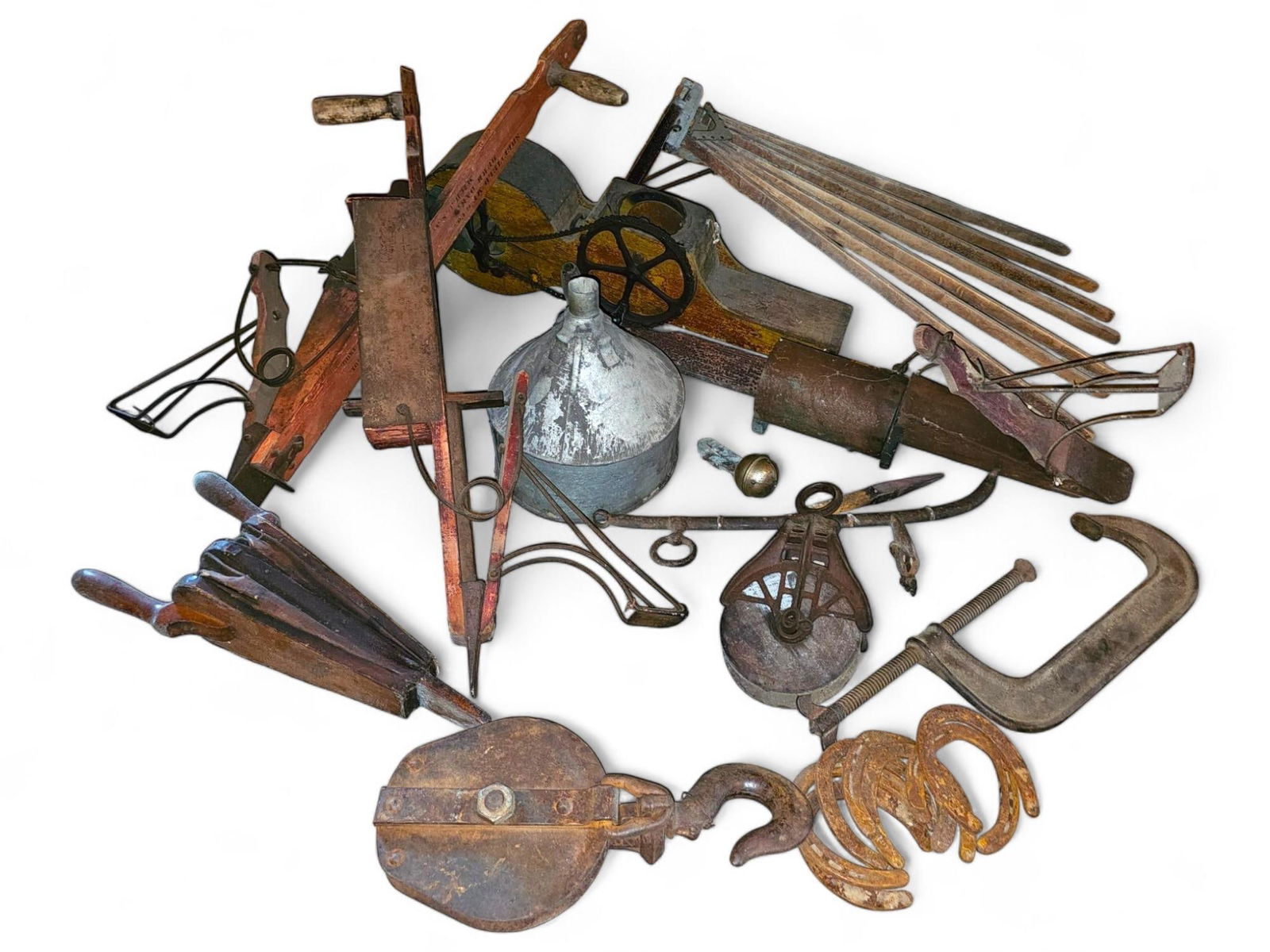 Lot of Assorted Estate Found Primitive Antiques: This lot includes an assortment of antiques and collectables found throughout the estate put together in one lot. You get everything you see in the photos, conditions range and everything is untested.