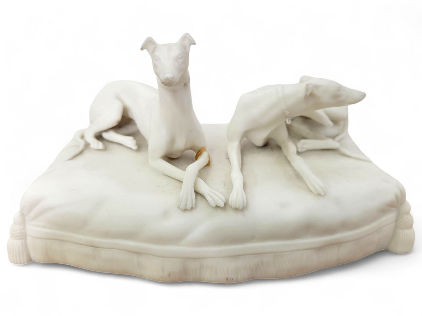 White Bisque Porcelain Whippets Laying on Bed (1 of 9)
