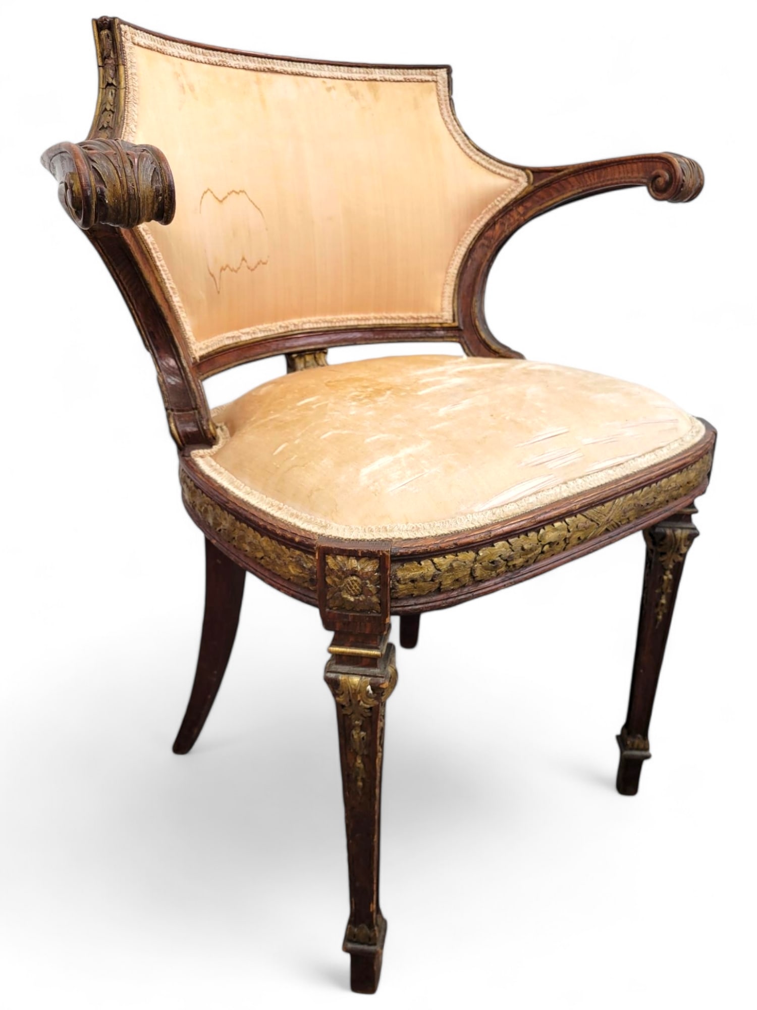 French Louis XVI Style Painted & Gilt Sidechair: Antique armchair with carved wood details and worn upholstery. The wood frame is in fair condition, showing signs of wear and some chipping. The upholstery is heavily worn and may require reupholsteri