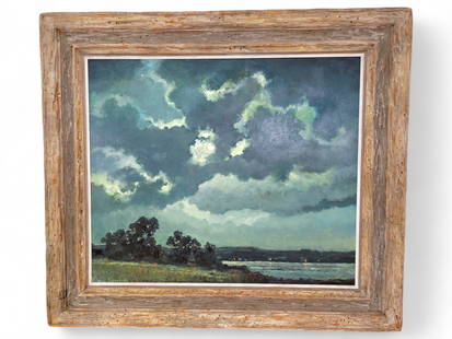 Eric Sloane (American, 1905-1985) Oil on Board: Eric Sloane (American, 1905-1985)Oil on Board PaintingSigned on Lower Left "Eric Sloane N.A."Painting - 28"W x 24"LFrame - 36"L x 2"D x 32"TOil painting depicting a dramatic cloudy landscape, housed i