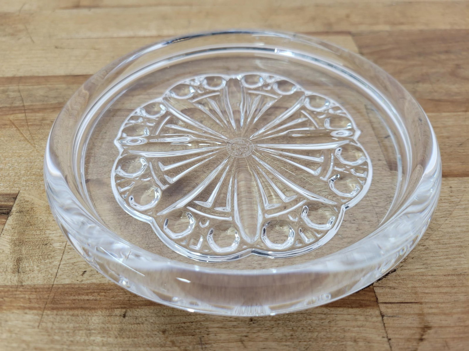 Baccarat Rosace Crystal Decanter Stand: The decanter stand is marked on the bottom, in overall good condition without any chips or damage, Light surface wear present Measurments: 5.25"W x 1"T