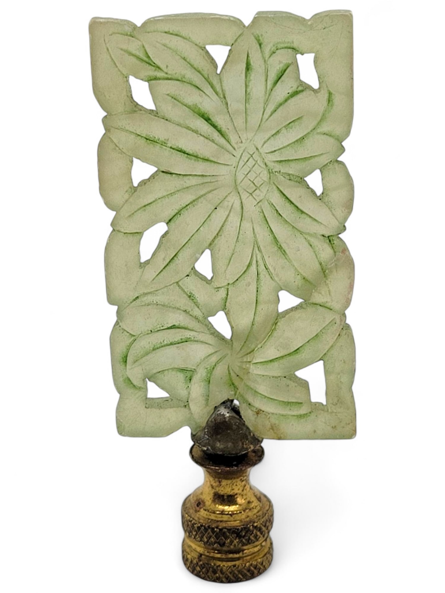Antique Chinese Jade and Brass Finial: This antique Chinese finial is made from carved jade with a brass base. The jade features a floral motif and is mounted on an intricately designed brass pedestal. It is in good used vintage condition