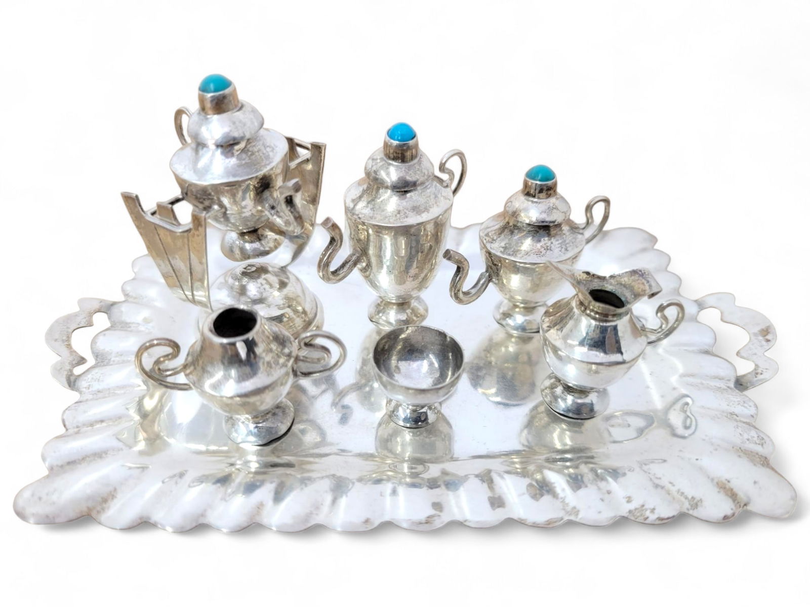 Miniature Mexican Sterling Silver Tea Set on Tray (1 of 13)