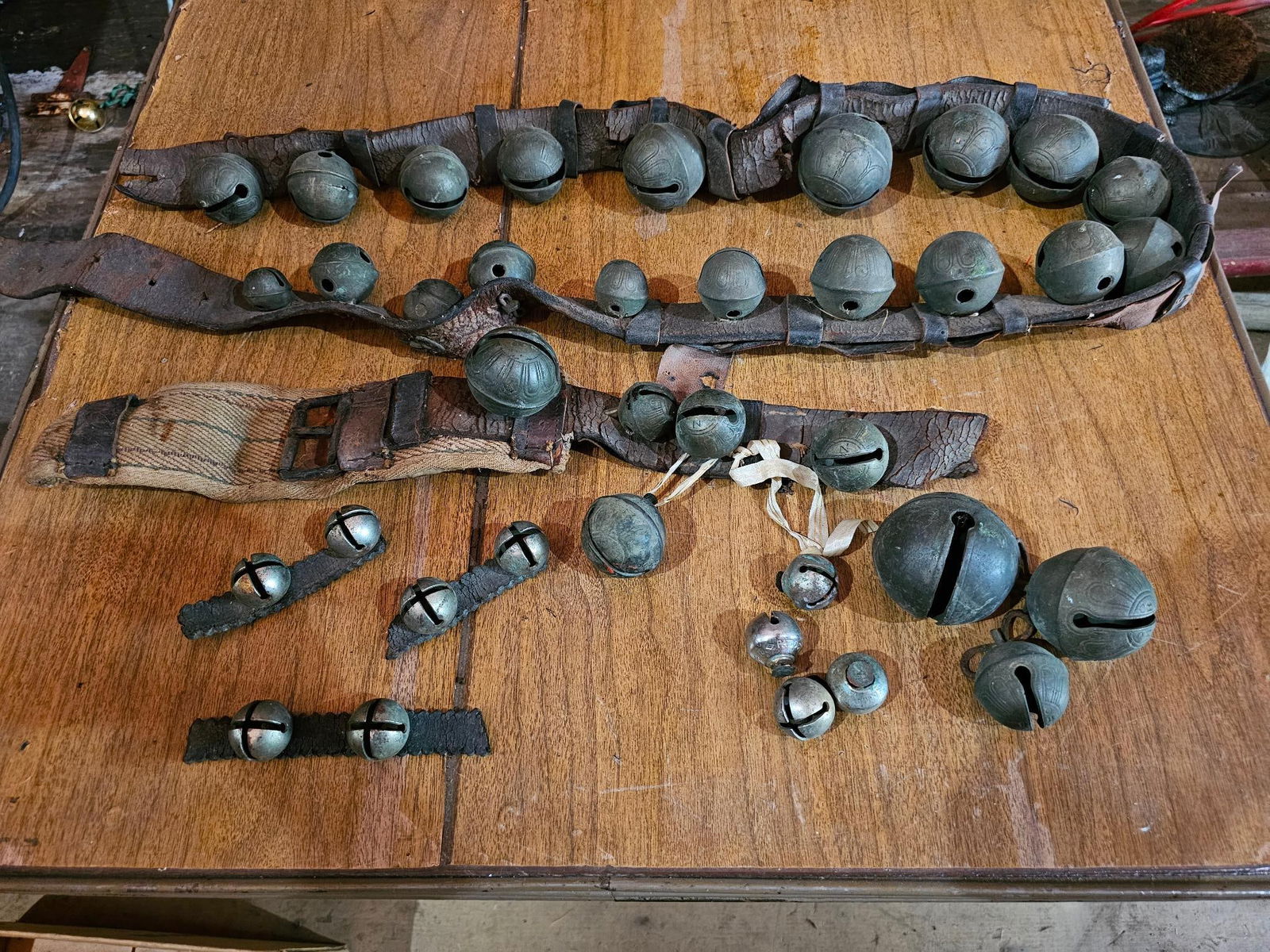 Antique Sleigh Bells on Leather Straps (1 of 10)