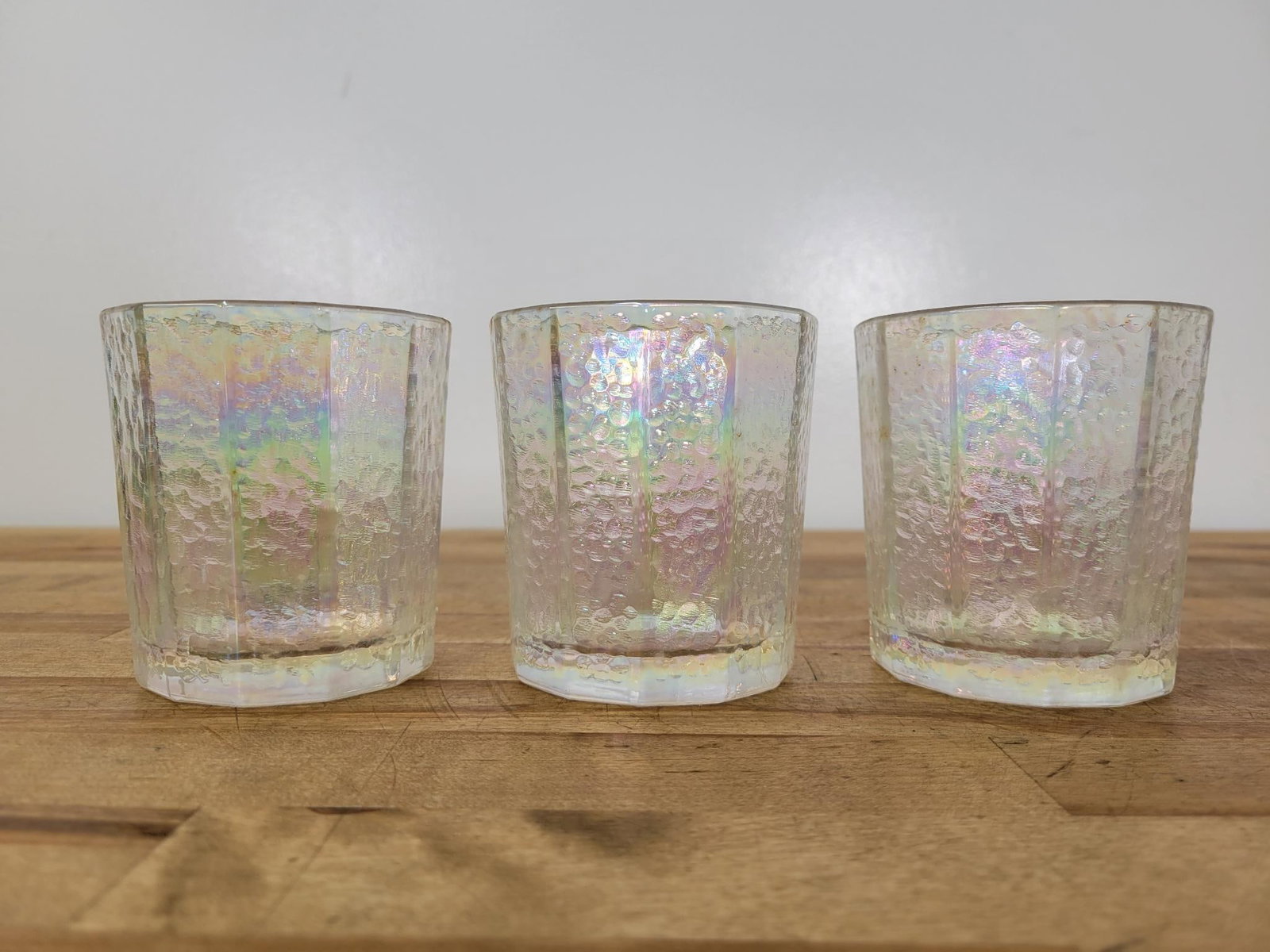Trio Of Federal Luster Rainbow Whiskey Tumblers: Maker: Federal Pattern: Luster rainbow whiskey tumblers Condition Issues (If Any): sticker residue on bottoms Measurements: 3 "L x 3.5 "H Condition Buyers Premium: 28% Fo