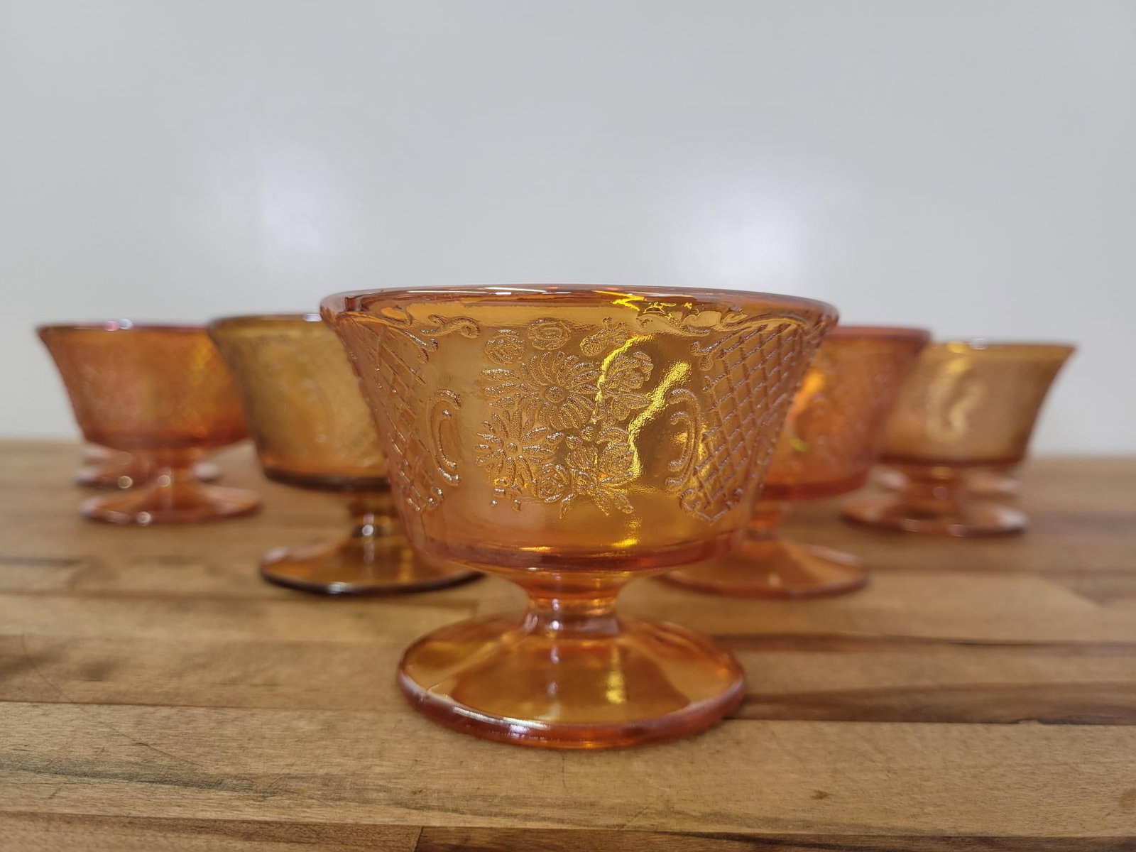 18 Federal Marigold Normandie Sherbert Bowls: Maker: Federal Pattern: Marigold Normandie footed sherbert bowls Condition Issues (If Any): Some luster loss from age and use, dirty from storage Measurements: 3.5"L x 2.75"H Condition