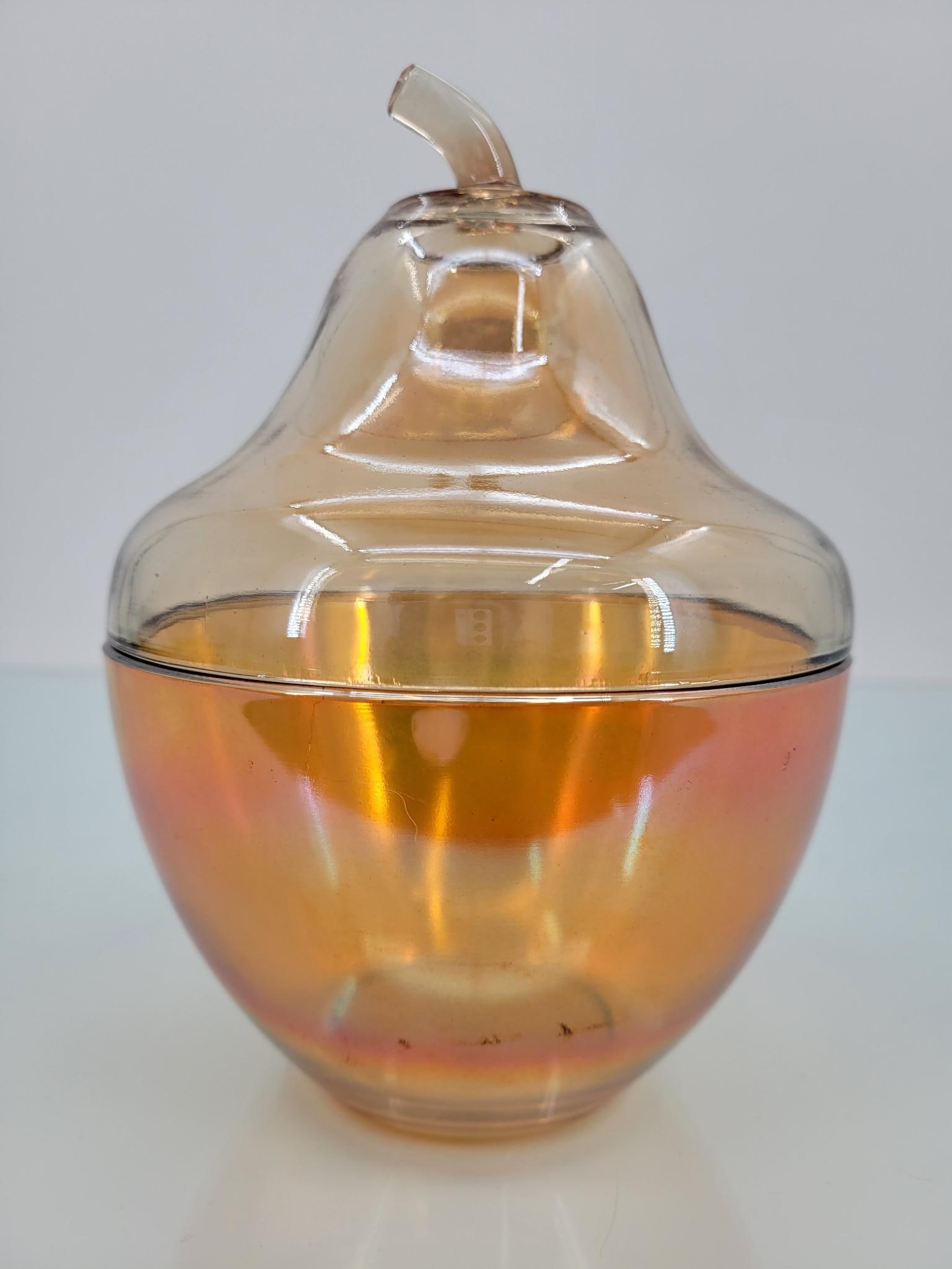 Jeanette Marigold Pear Shaped Lidded Candy Jar: Maker: Jeanette Pattern: Marigold pear shaped lidded candy jar Condition Issues (If Any): none Measurements: 5 "L x 7.5 "H Condition Buyers Premium: 28% For this auction,