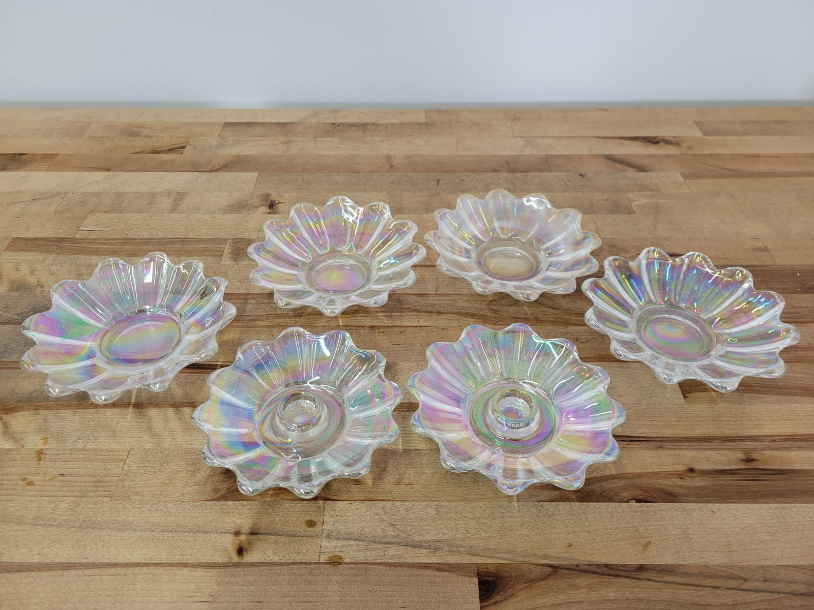 Federal Iridescent Celestial Taper Candle Holders: Maker: Federal Pattern: Clear rainbow iridescent celestial taper candle holders and bowls Condition Issues (If Any): 4 are bowls 2 are candleholders Measurements: 5.25 "L x 1.5 "H Condition