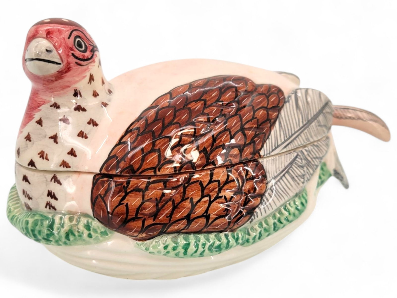Ferlaro Italy Hand-Painted Pheasant Tureen: A ceramic tureen in the shape of a pheasant, hand-painted with vibrant colors and textured details. The tureen includes a matching lid and is in excellent condition with no visible chips or cracks. Si