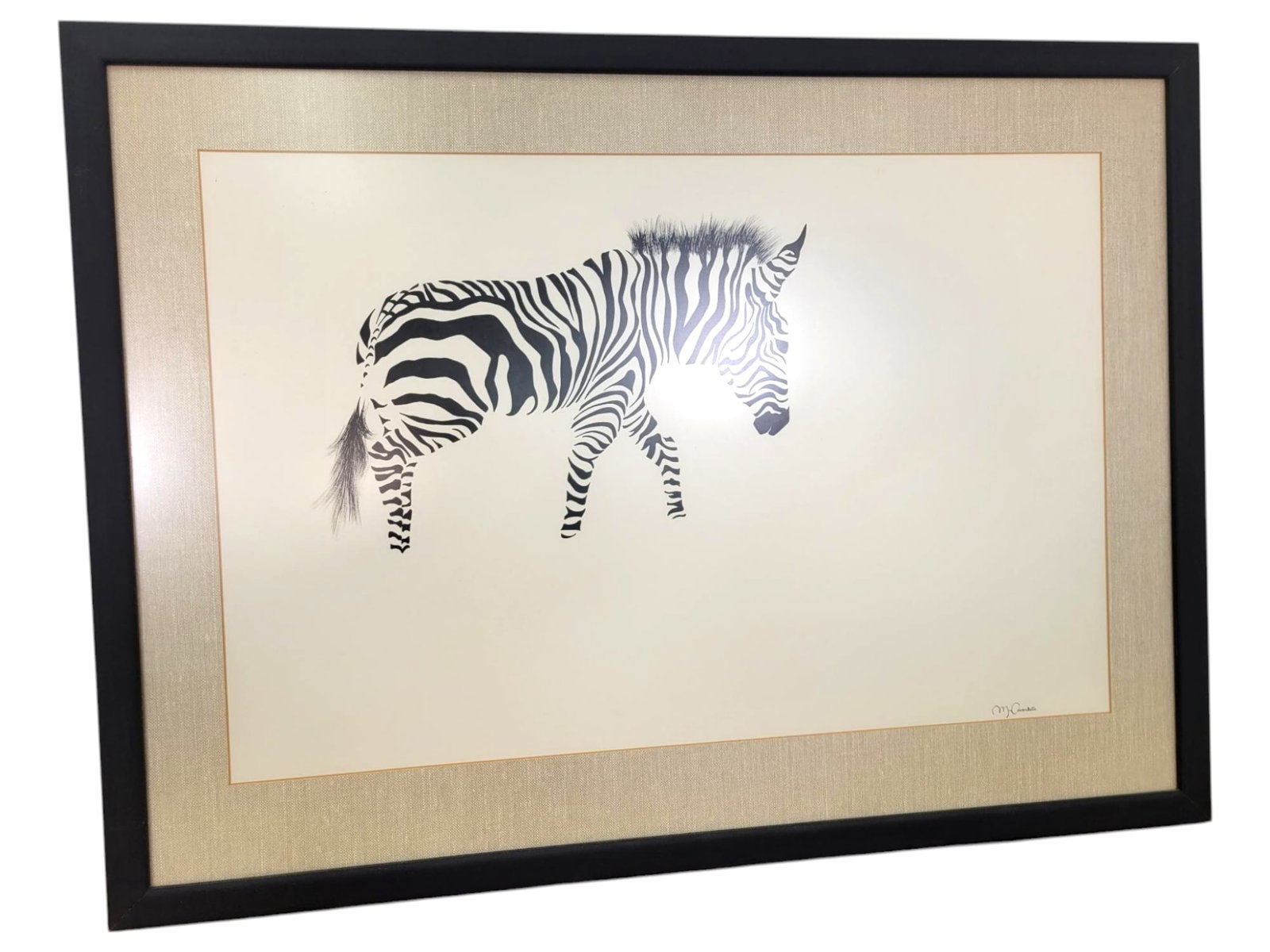 Marilyn Haverkate Zebra in the Snow Print: A framed print of a zebra in a minimalist style by Artist Marilyn Haverkate titled "Zebra in the Snow", set in a black frame with a beige mat. Good condition with minor wear on the frame. Measurments: