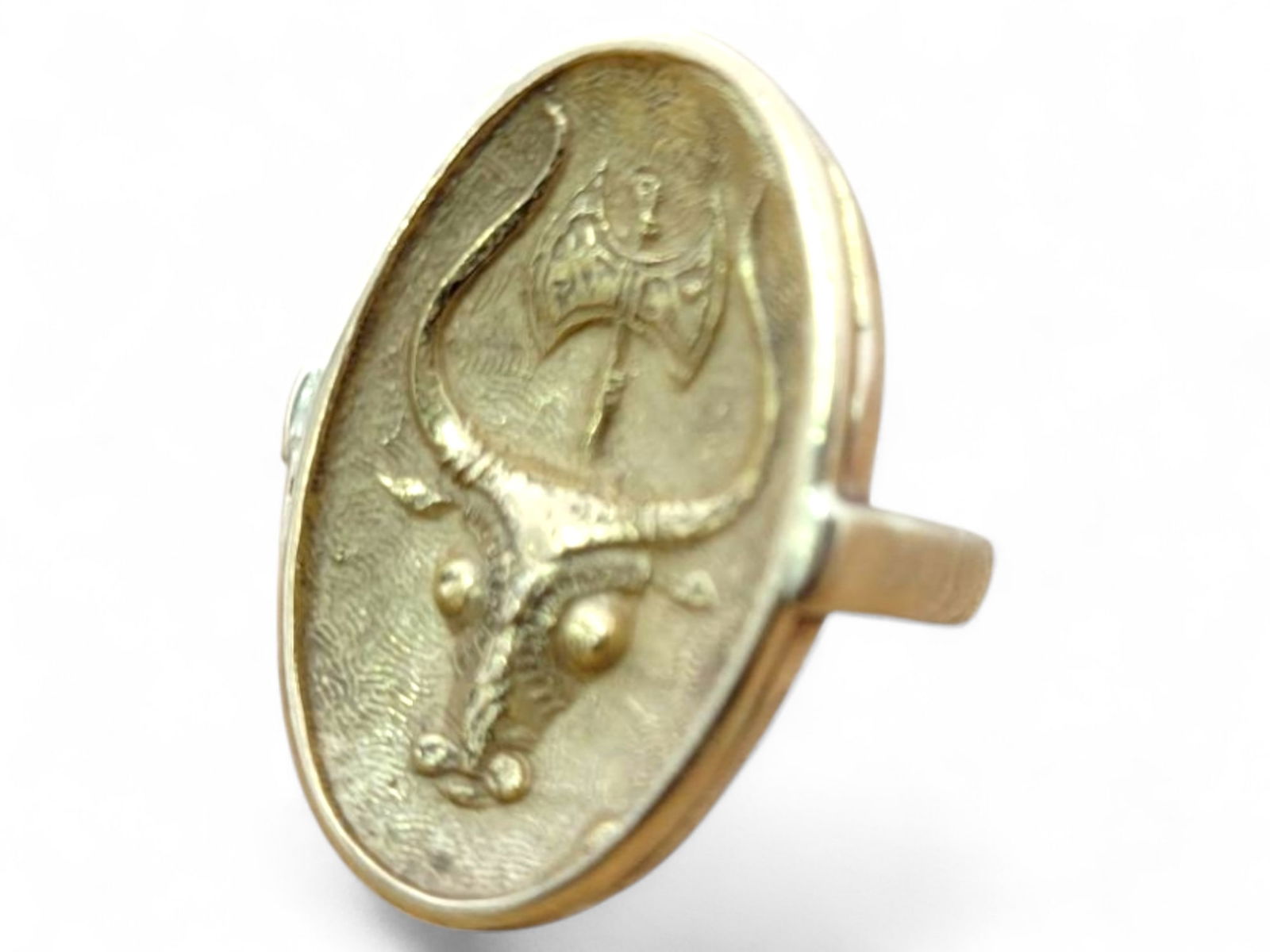 Oval 14K Yellow Gold Signet Ring with Bull Design (1 of 9)