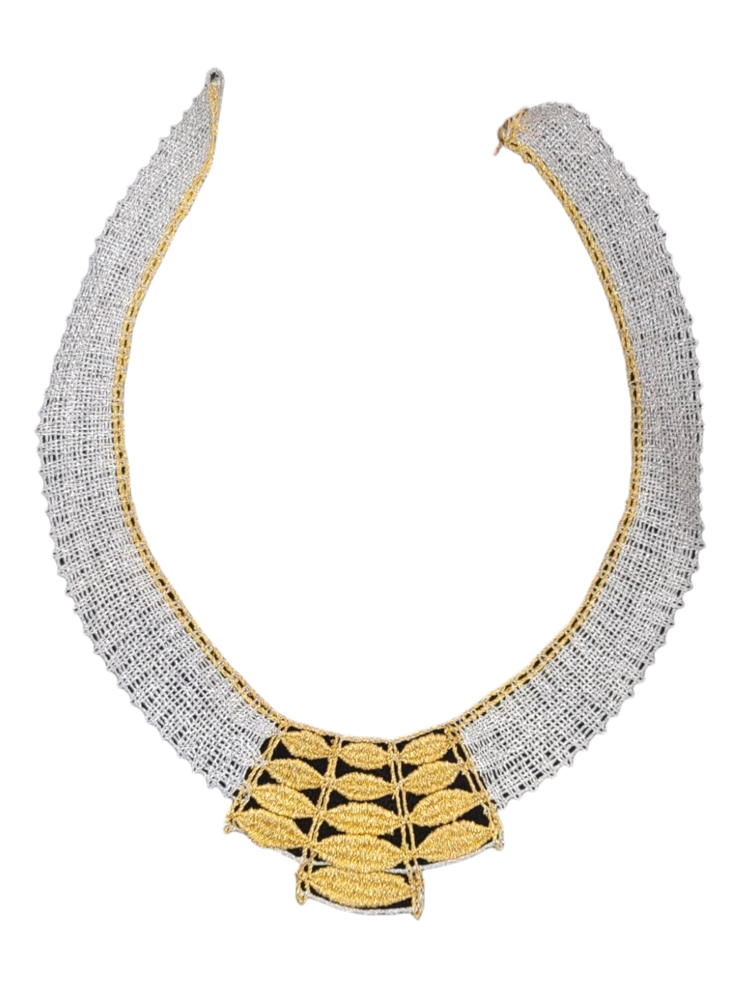 Artisan Lace Necklace by Vlasta Wasserbauerova: This original lace necklace was handmade by Czech artist Vlasta Wasserbauerov?, featuring a detailed design in gold and silver metallic threads. The necklace is in excellent condition and is presented