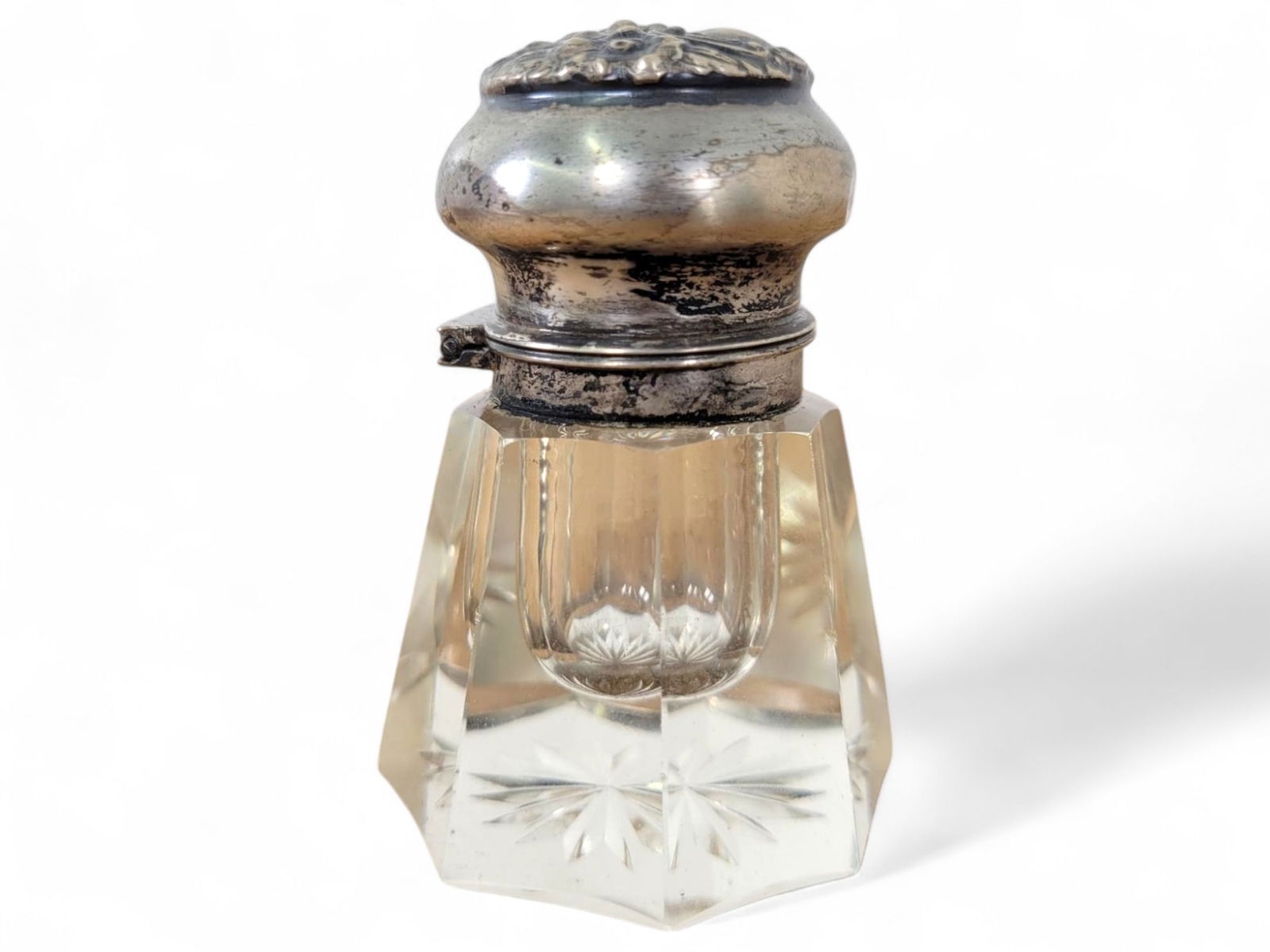Antique Cut Glass Inkwell with Sterling Silver Lid (1 of 11)