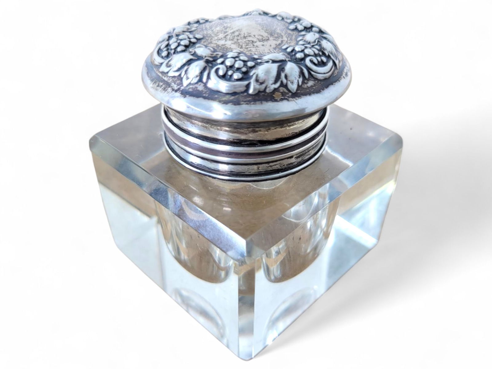 Cut Glass Inkwell w/ Sterling Silver Floral Lid (1 of 10)