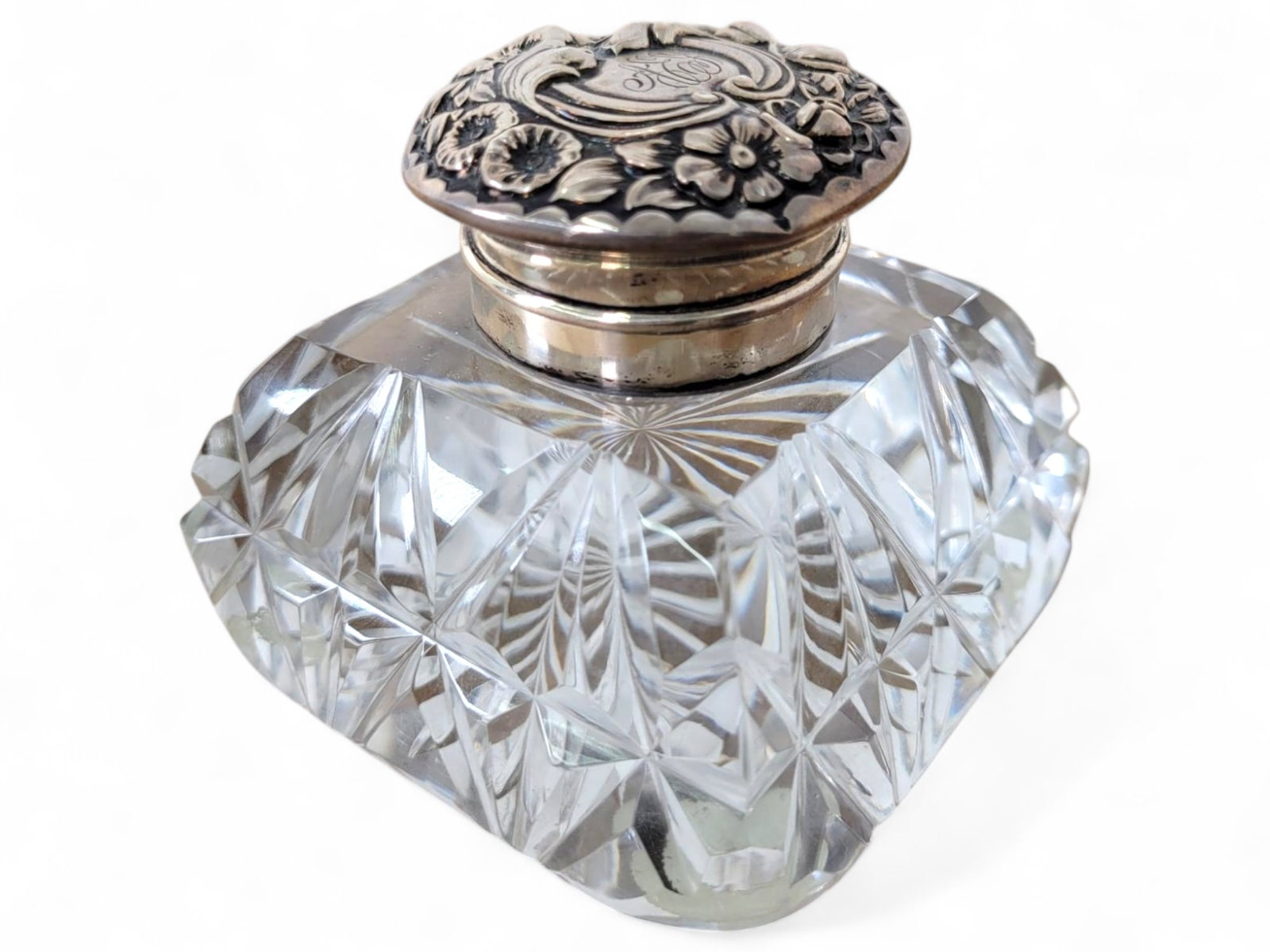 Antique Cut Glass Inkwell w/ Sterling Silver Lid (1 of 12)