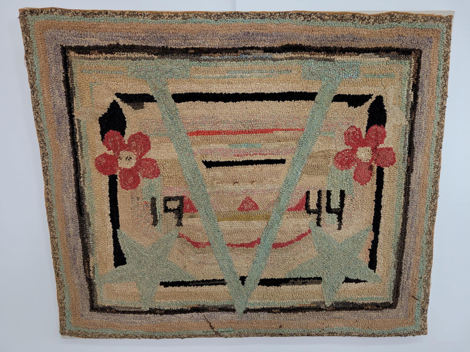 Antique WWII Era 1944 Hooked Rug Wall Art - 46" x 39" (1 of 11)