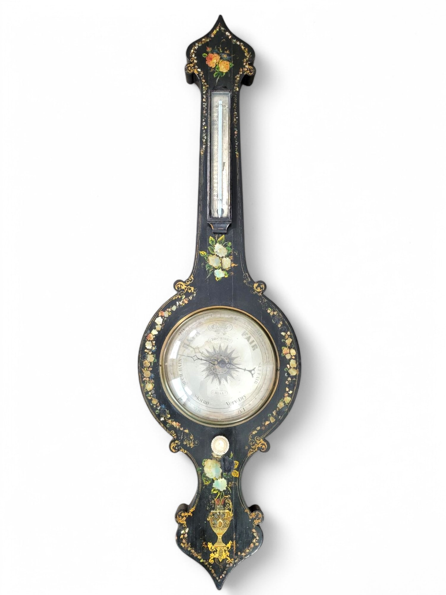 19th C. Thos Kirk Hull English Wall Barometer w/ Mother of Pearl Inlay (1 of 14)