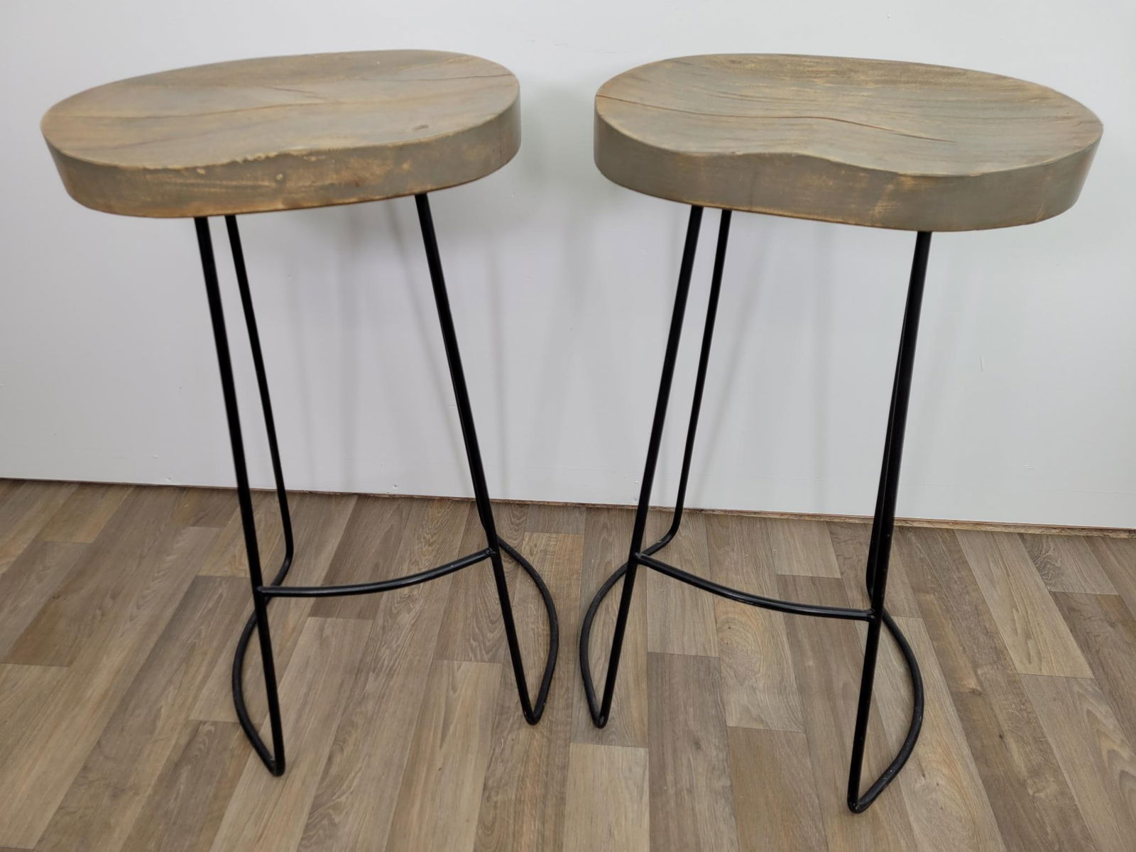2 pc Gray Wash Wood & Metal Stools (1 of 6)