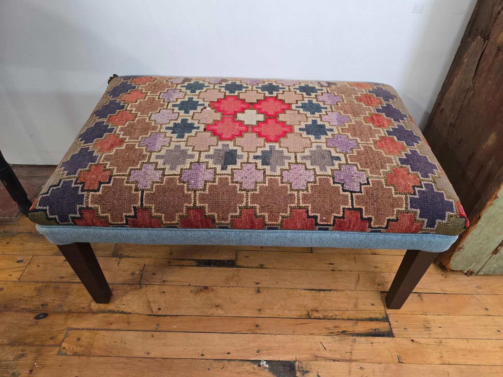 Antique Hooked Rug Covered Ottoman Bench Seat (1 of 10)