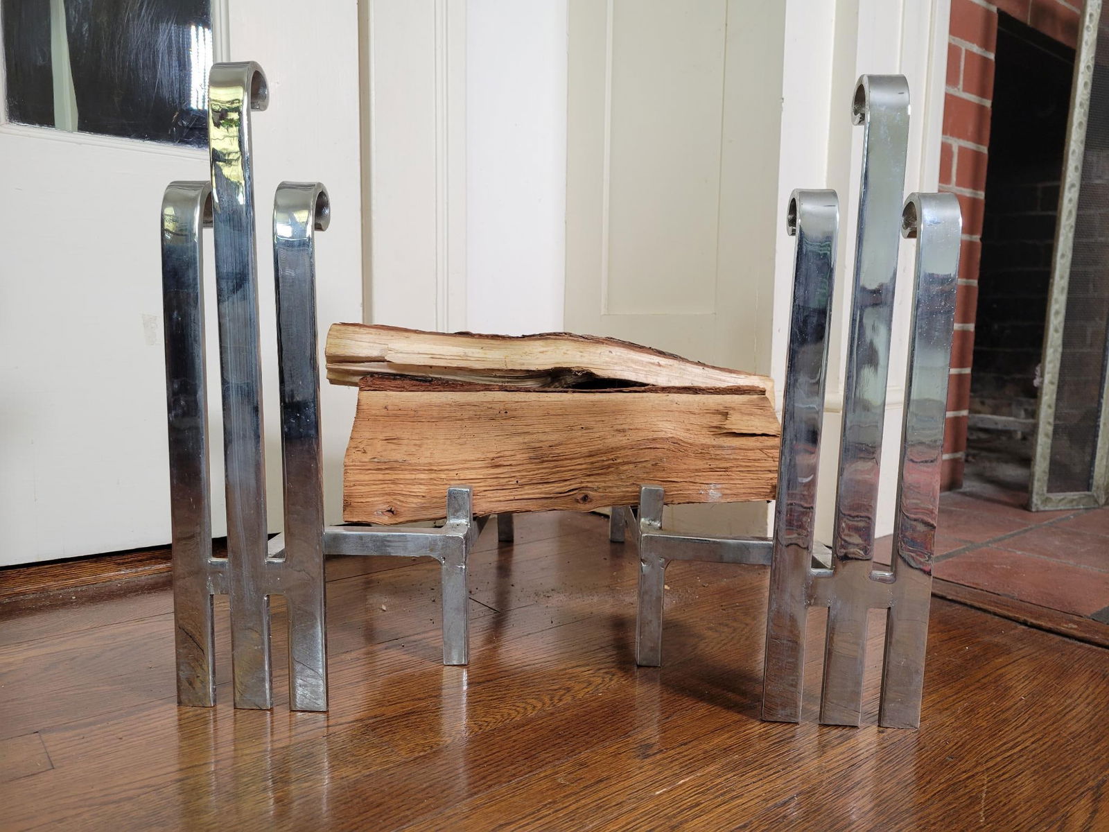 Minimalist Contemporary Art Deco Chrome Fireplace Andirons (1 of 18)