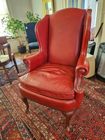 Queen Anne Style Red Leather Armchair