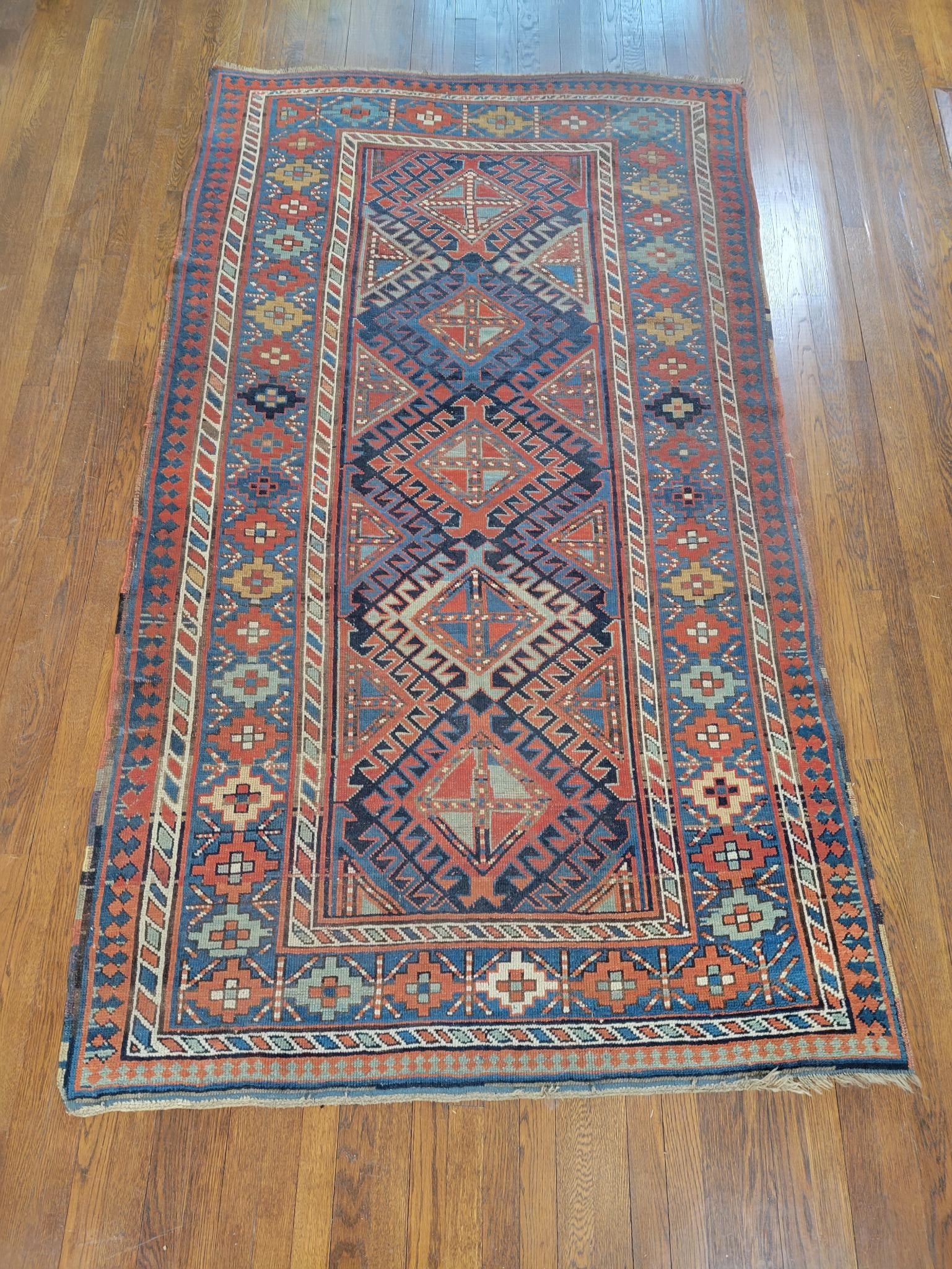 Antique Hand Woven Wool Caucasian Kazak Rug -  97" x 56" (1 of 15)