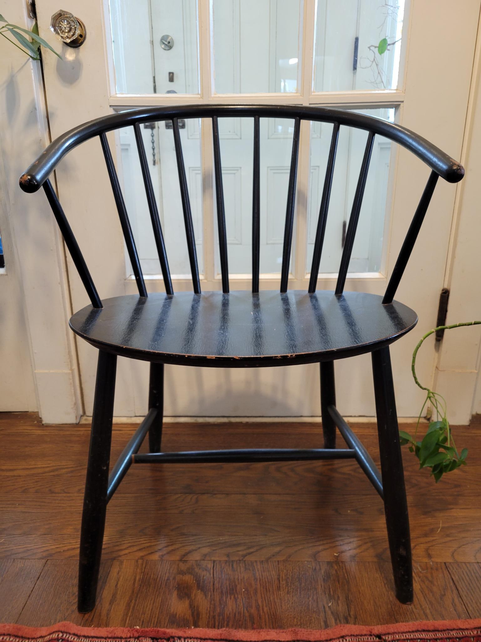 Danish Modern Mid-Century Black Painted Chair - Moller: This lot includes a marked "Made in Denmark" Danish modern dining chair attributed to Moller. The chair shows a spindle back design with original black painted finish. Some 