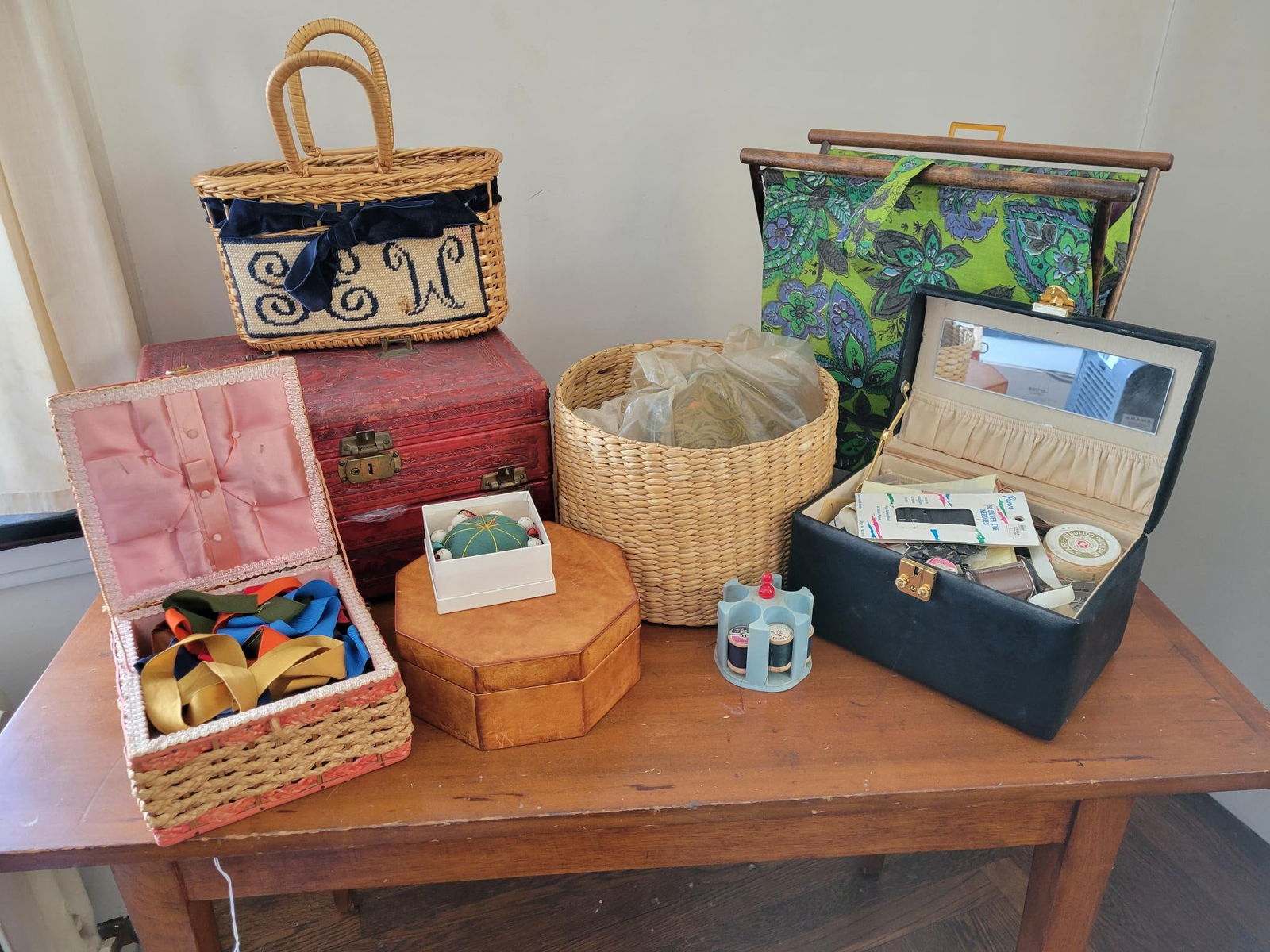 Vintage Sewing Lot - Supplies & Sewing Boxes: This lot includes a grouping of estate found sewing supplies and sewing boxes filled with thread and everything else you could need. You get everything you see in the photos, ages range from vin