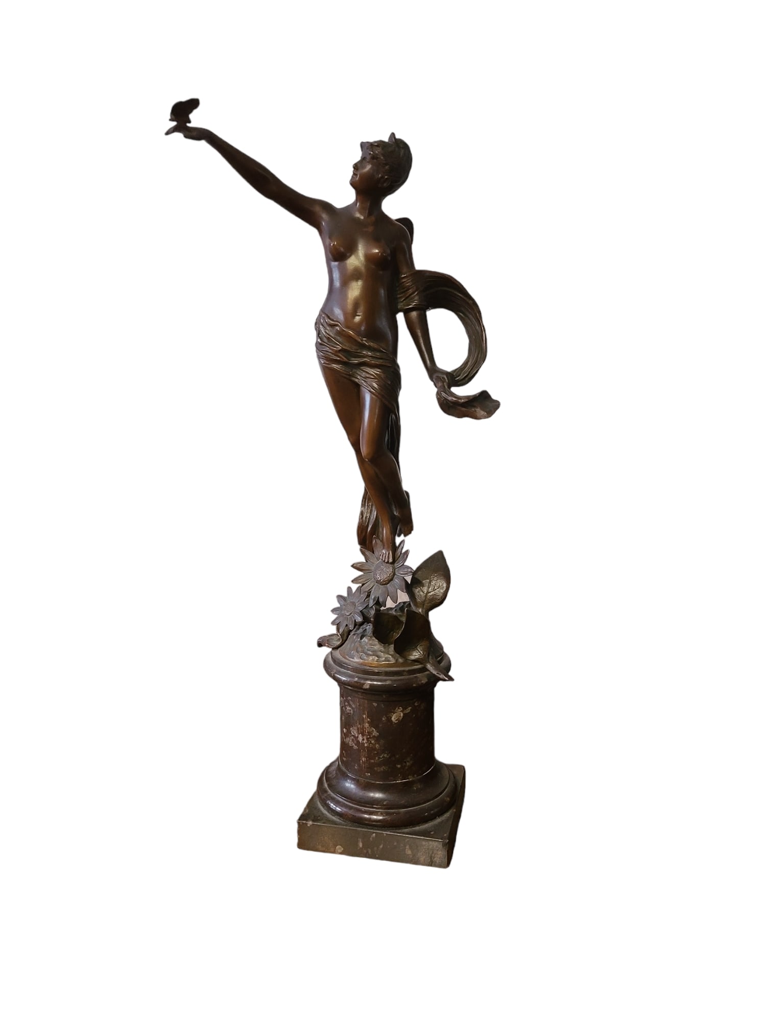 Art Nouveau Bronze Sculpture of Nymph with Butterfly by Franz Rosse (1858-1900): Art Nouveau Bronze Sculpture of Nymph with Butterfly by Franz Rosse (1858-1900). The bronze is mounted onto a marble base and in beautiful original condition. Signed on the bottom of the base.18.5"T x