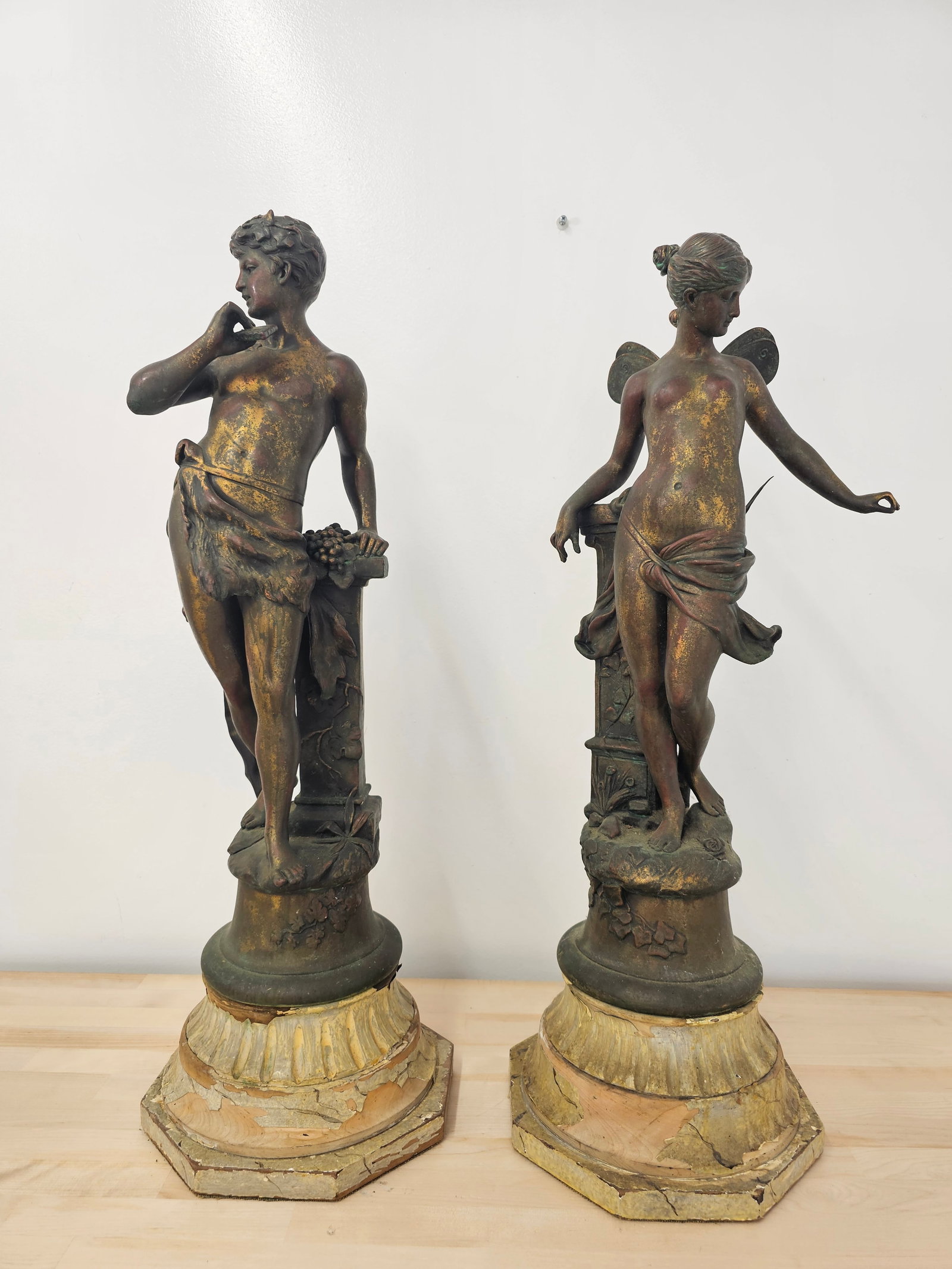 Pair of Art Nouveau Bronzed Spelter Sculptural Lamp Bases: The lot includes a pair of fine quality 19th-century bronzed spelter lamp bases, each depicting a nymph. They are in good overall antique condition, showing attractive finish wear from age and use, an