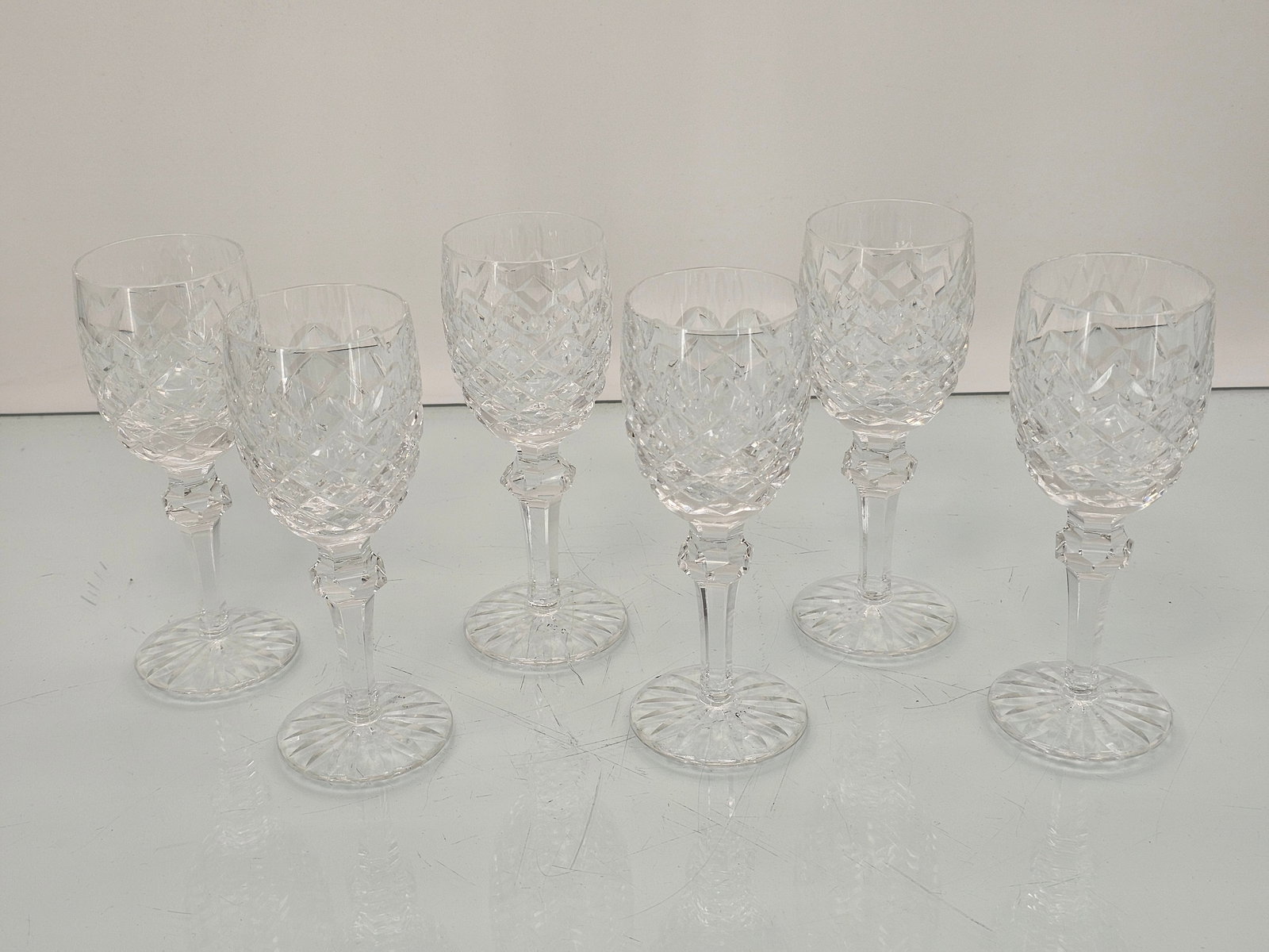 6pc Waterford Crystal "Powerscourt" Pattern 6.5"T Claret Wine Glasses: The glasses are without any damage, standing at 6.5"T. Lot includes 6 pieces.