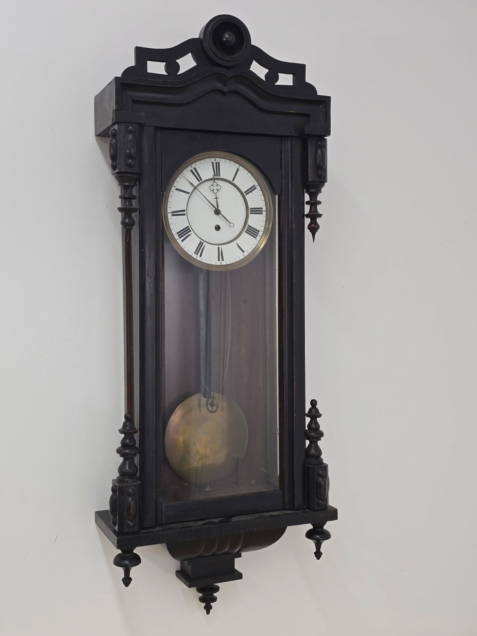 Antique 19th C. Single Weight Vienna Regulator Wall Clock: The clock is in good antique condition with its original finish, a fine 19th-century example featuring a large porcelain dial. It houses an 8-day single-weight movement but is missing the weight. Sold