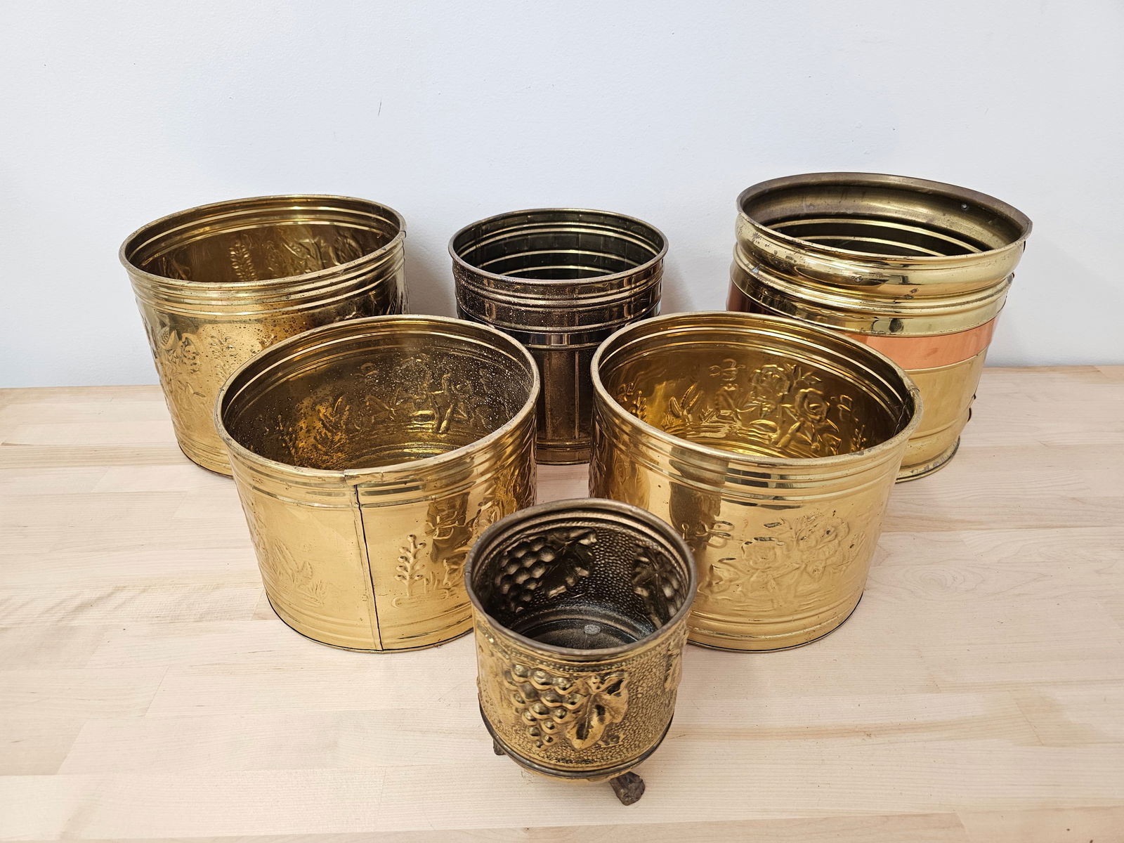 Grouping of 6 Vintage Embossed Brass Buckets (1 of 9)