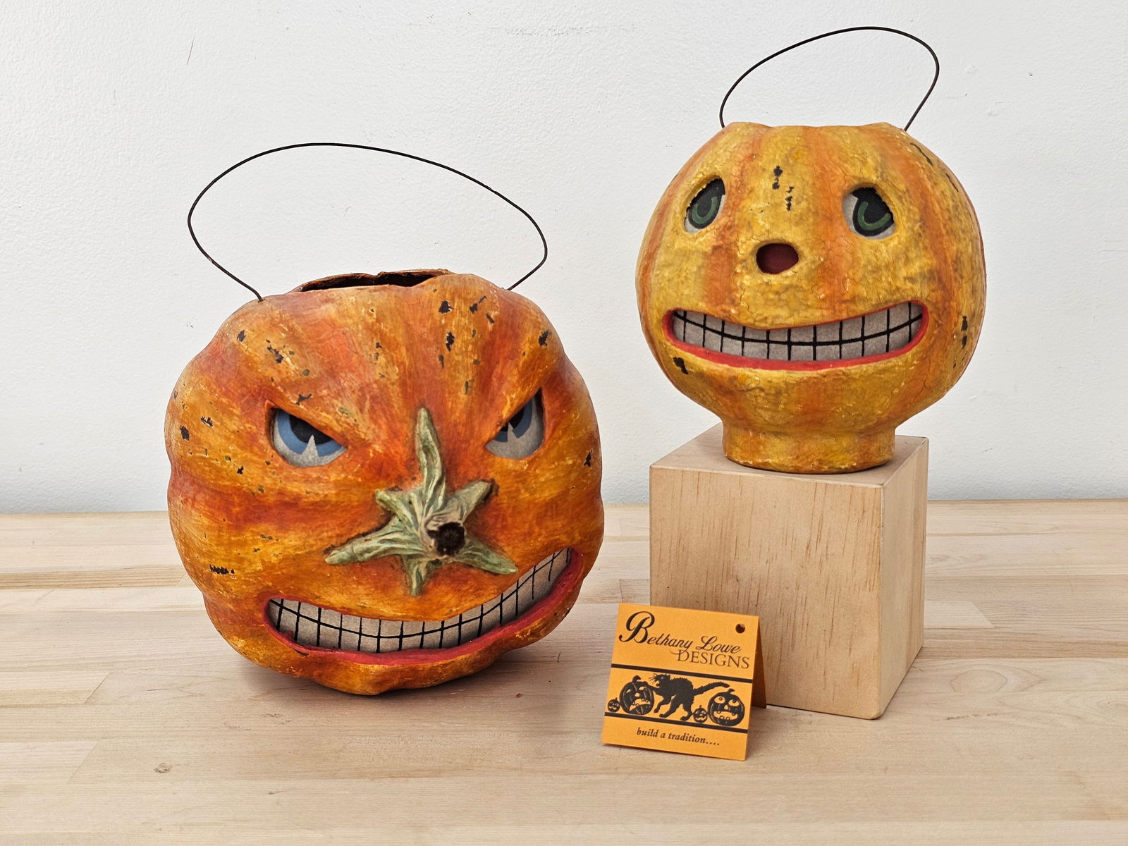 2pc Authentic Reproduction Pulp Paper Mache Halloween Pumpkin Jack O Lanterns (1 of 18)