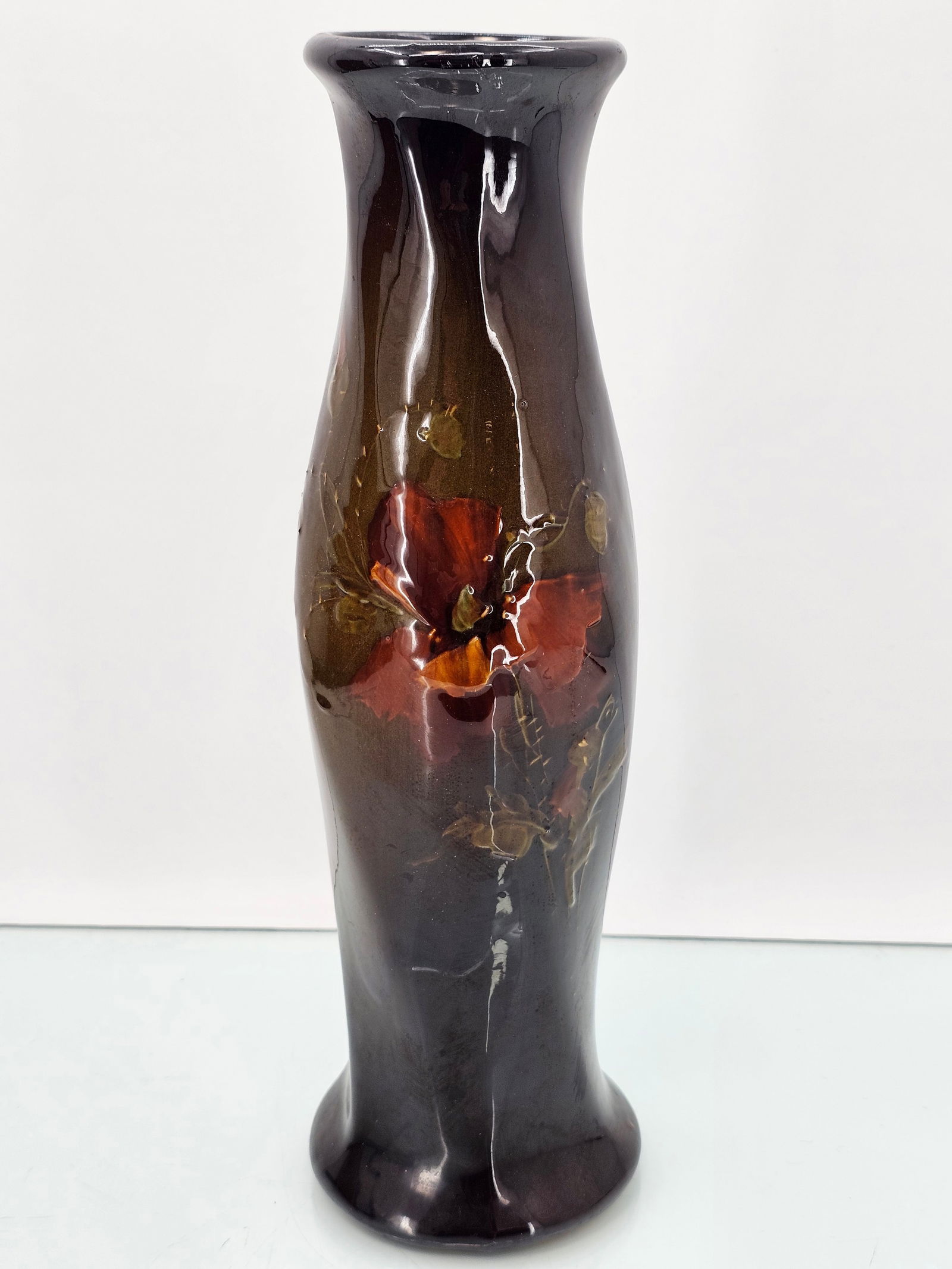 Antique Weller Louwelsa Lamp Base: The lamp base is in good overall antique condition, without any notable damage or repairs. The glaze is bright with a floral design, signed on the bottom "ALS15". See lot photos for more information o