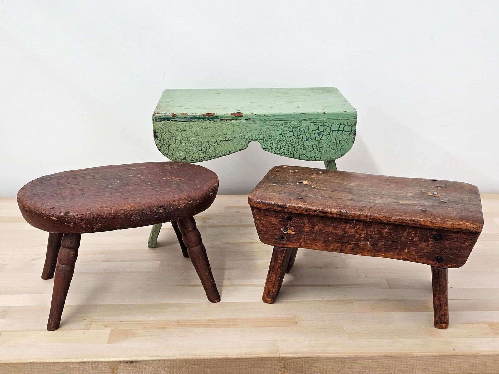 Lot of 3 Primitive Antique Farmhouse Style Foot Stools (1 of 20)