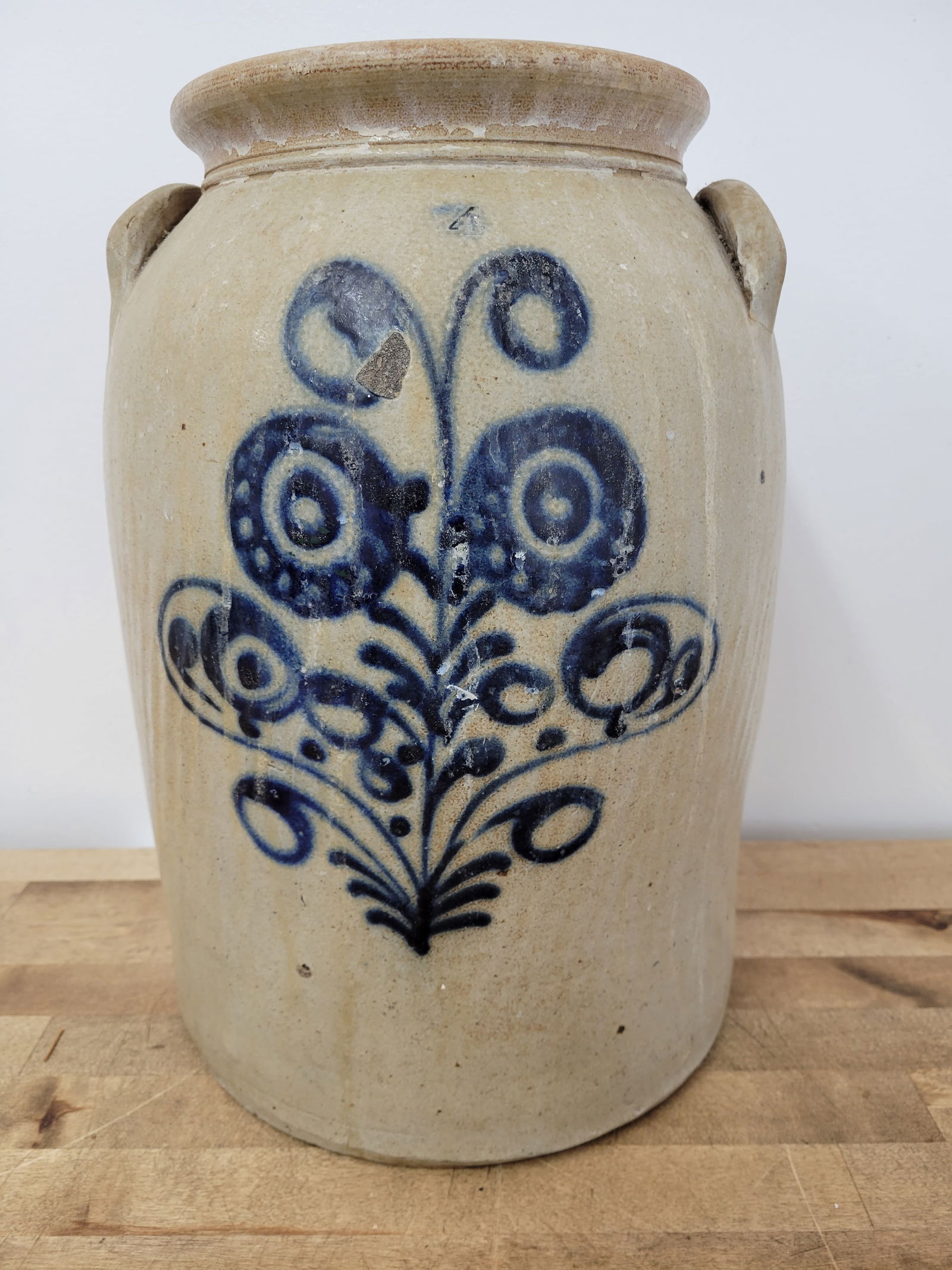 Antique 4 Gallon Cobalt Blue Floral Painted Stoneware Crock (1 of 8)